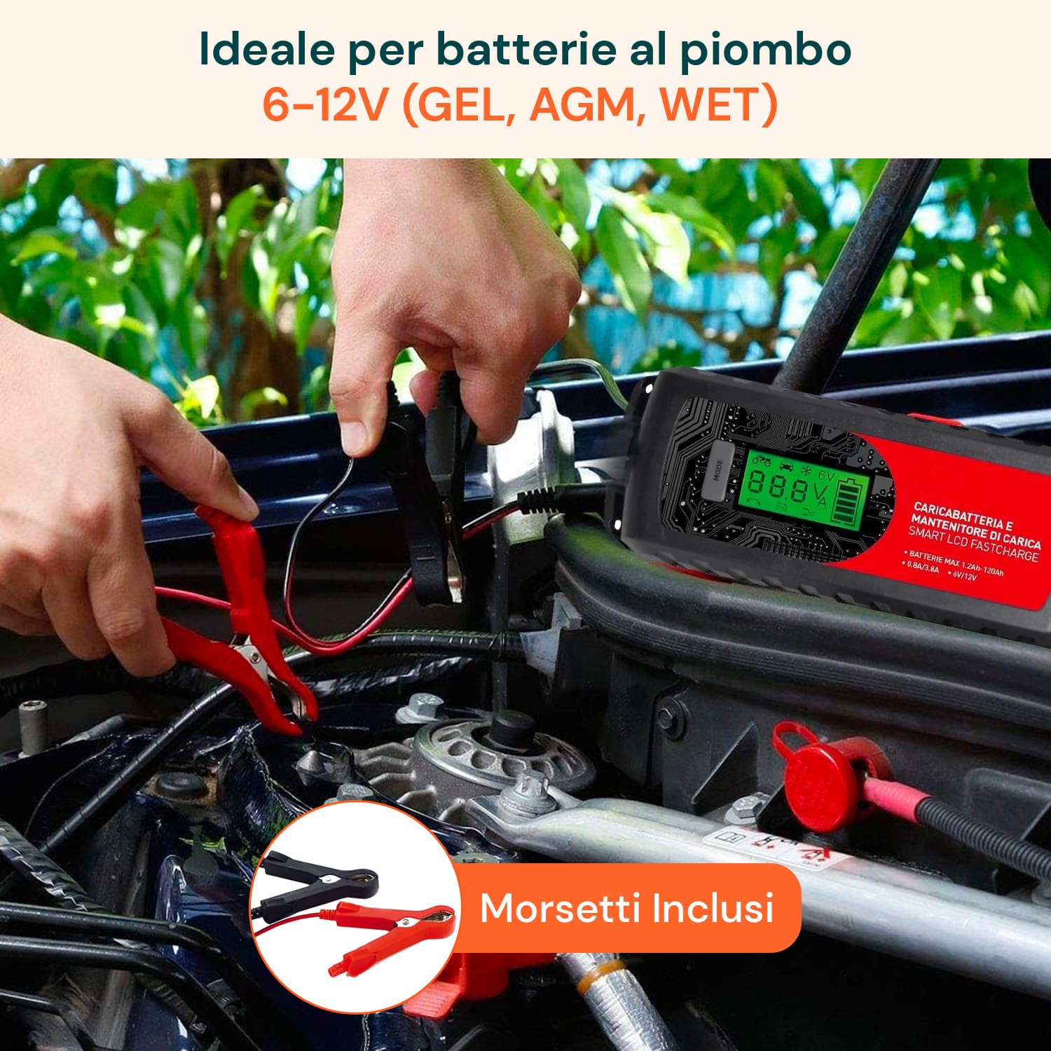 Avilia Caricabatterie per Auto e Moto LCD 3-in-1 per Batterie al Piombo - Caricatore FastCharge, con Mantenitore di Carica e Carica Lenta, Protezione IP65, 6-12V