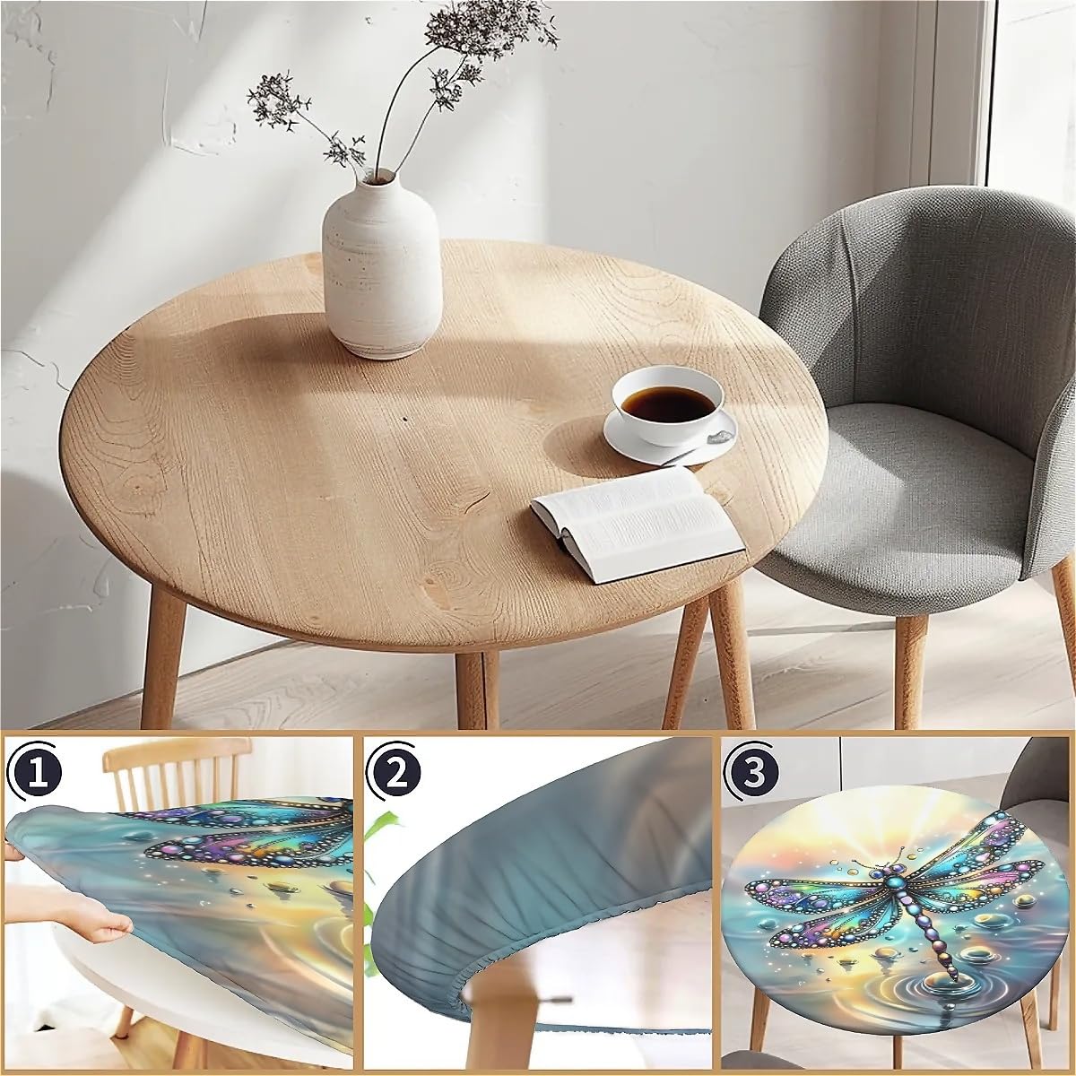 artslion Outdoor Round Tablecloth with Elastic Band 44In (110Cm) Elastic Garden Table Cover Wipe Clean with Diamond dragonfly - Image 3