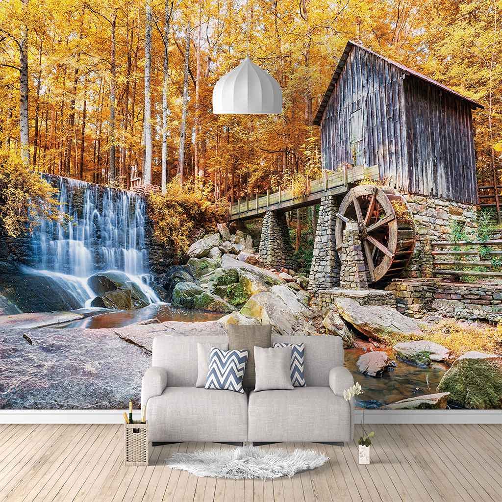 Trompe l'oeil murale paysage de bois dorés pour agrandir une pièce