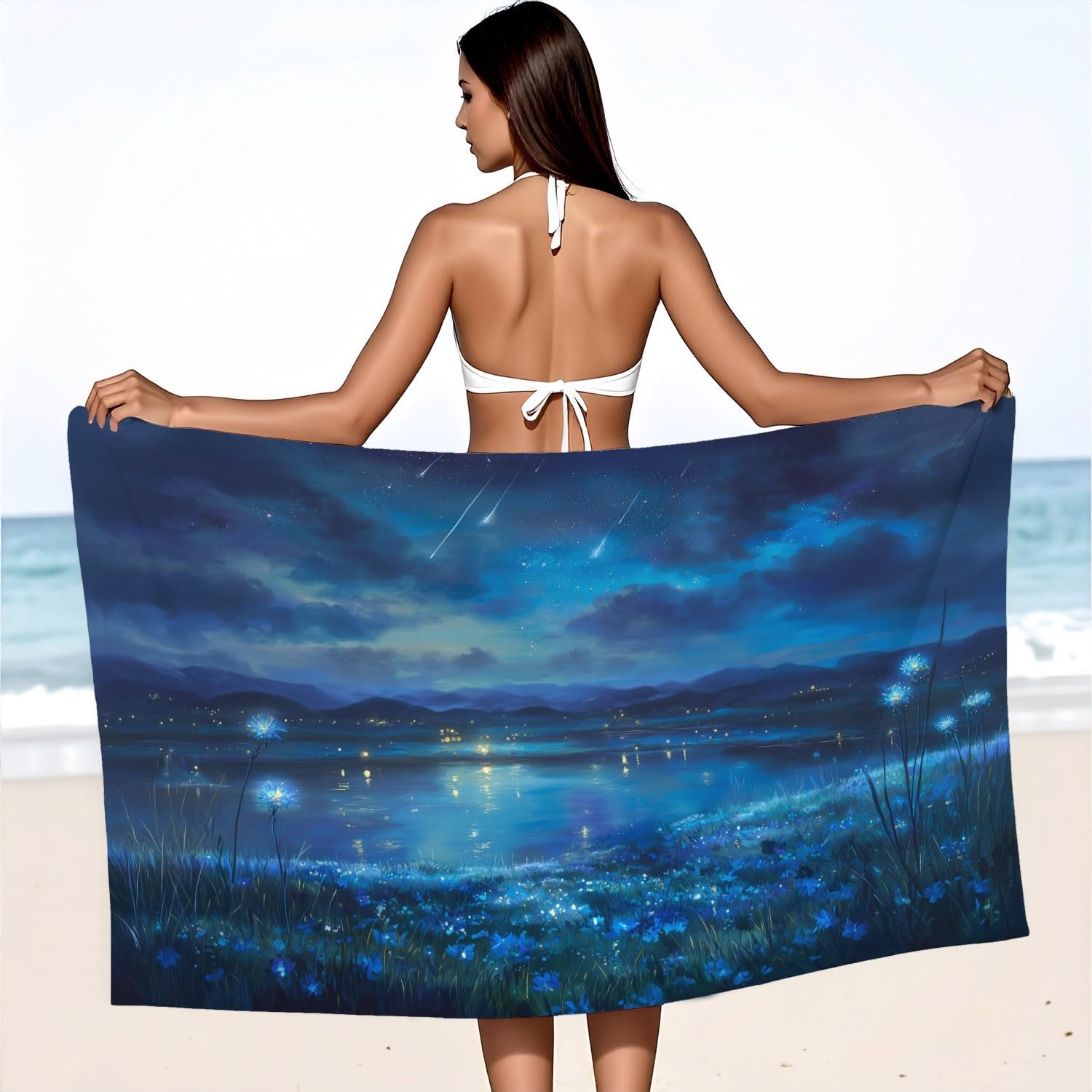 Fantasy, Nachtlandschaft Strandtuch 230 x 210 cm – Mikrofaser Strandtuch Reisehandtuch Schnelltrocknend Pflegeleicht für Campen, Picknick, Ausflüge