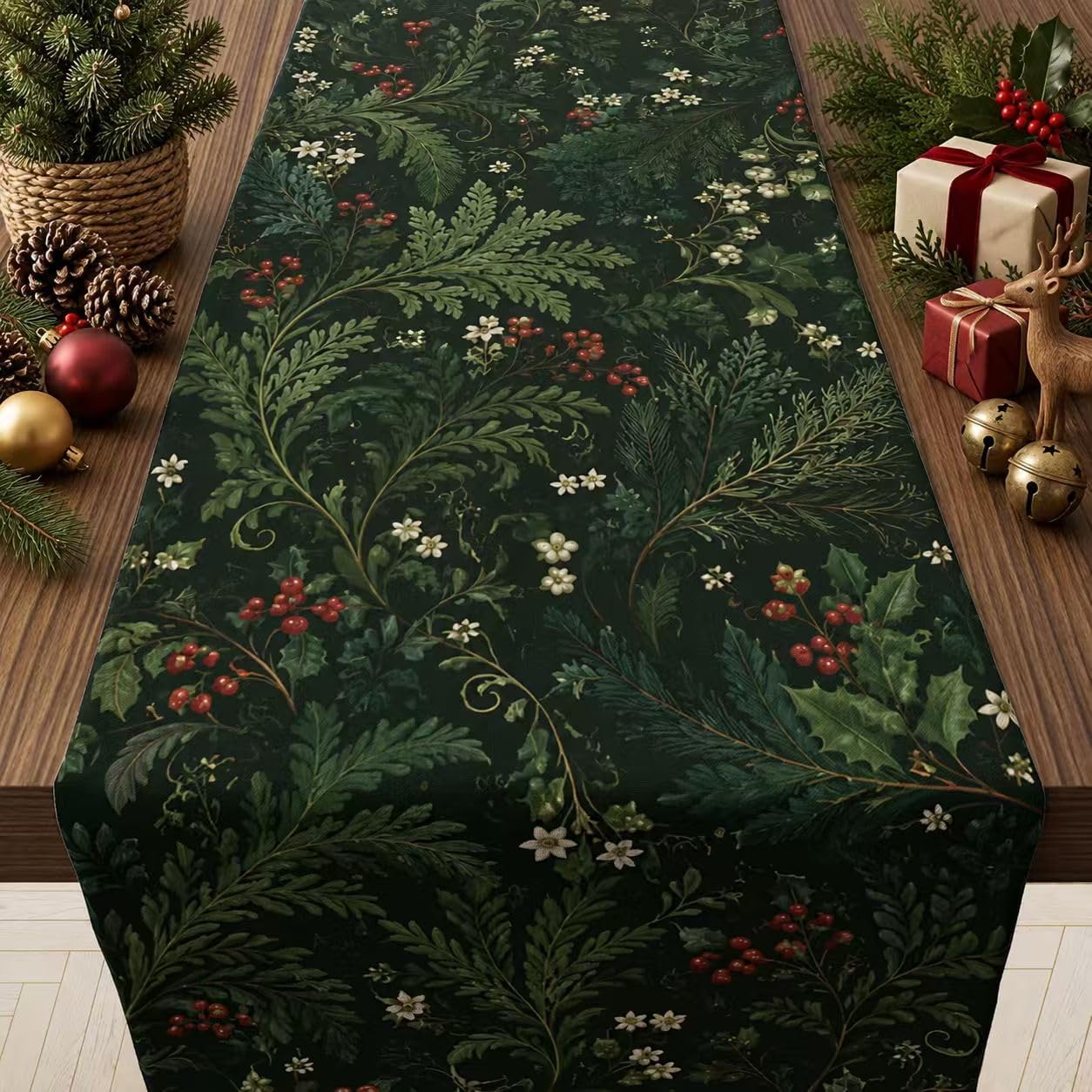 OHOME Christmas Evergreen Holly Table Runner