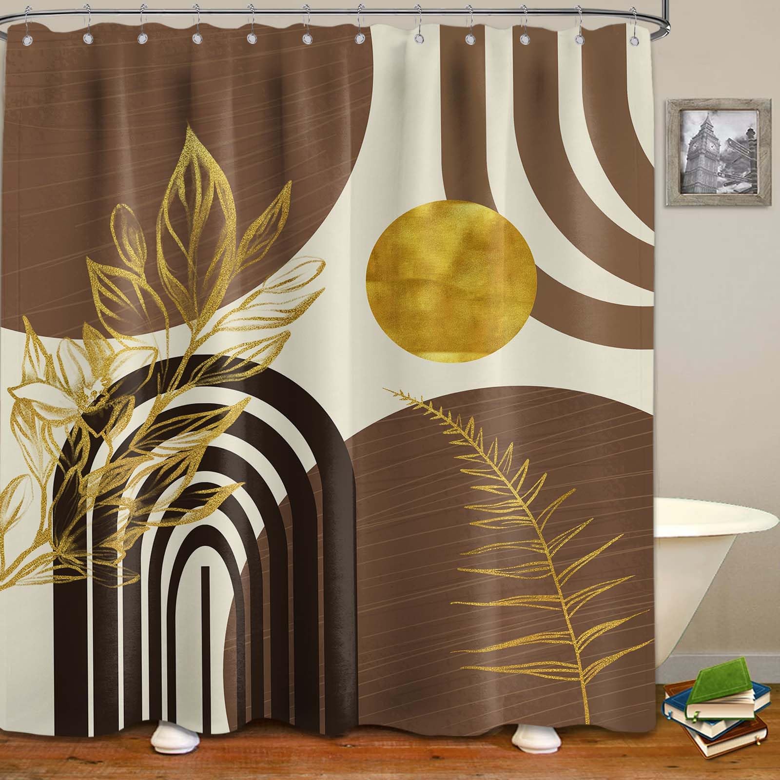 LanZanthic Black and Brown Shower Curtains for Bathroom Boho Beige Mid Century Modern Wet Room Shower Curtain with hooks, Mould Proof Resistant, Waterproof, Washable, Fabric, 180 x 180 cm