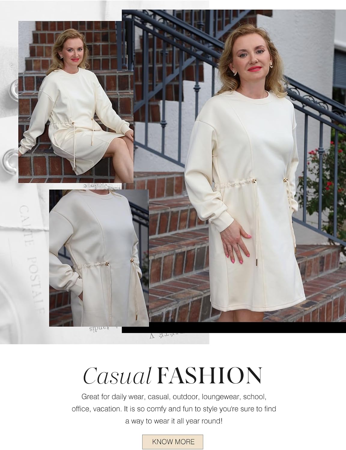 Dokotoo Women's Drawstrings Waistband Long Sleeves Crew Neck Sweatshirt Casual Mini Dress - Image 4