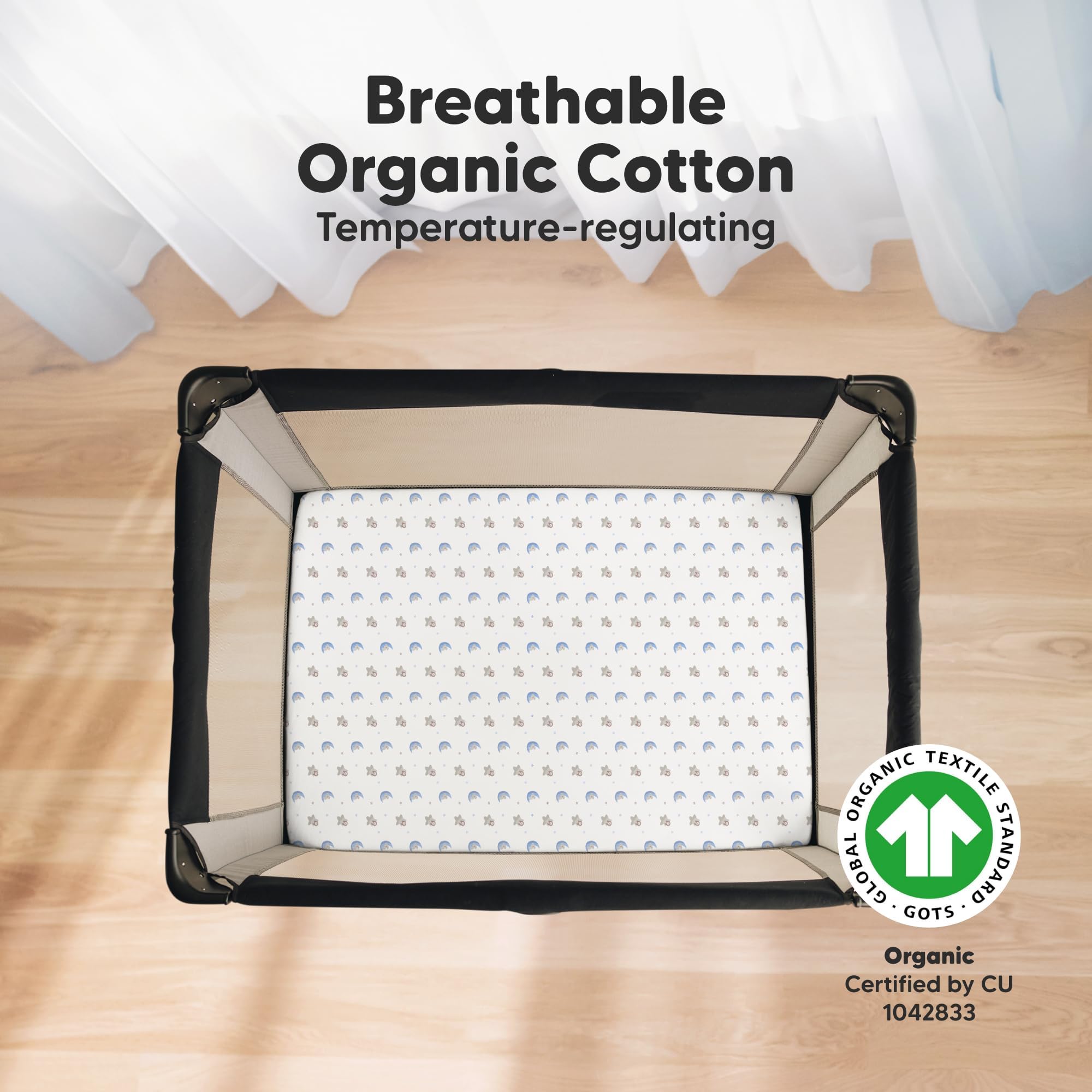 2-Pack Mini Crib Sheets Fitted - 38x26 Pack N Play Sheets for Pack and Play Mattress, Organic Cotton, Soft & Breathable Playard Bedding, Neutral Mini Toddler Bed Cover for Boys, Girls (Cosmo)