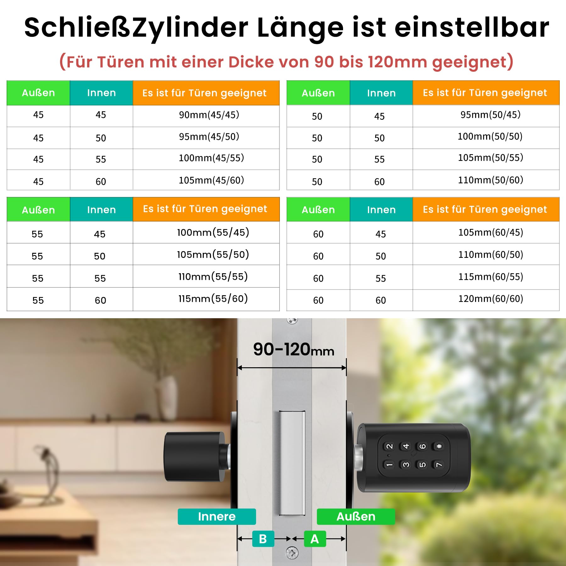 AVATTO Smart Türschloss mit Fingerabdruck & Passwort für 90-120mm Türen, Elektronischer Schließzylinder mit einstellbarer Länge, inkl. Schlüssel & IC-Karte, Fernsteuerung über AVATTO & Smart Life App
