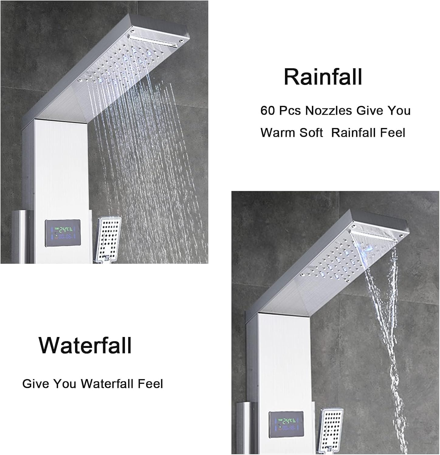 Pannello Doccia Idromassaggio per Vasca con 5 In 1 Funzioni LED Colonna Doccia Set in 304 Acciaio Inox Con Display LCD, Miscelatore Vasca Da Bagno, Soffione Doccia A Cascata Argento