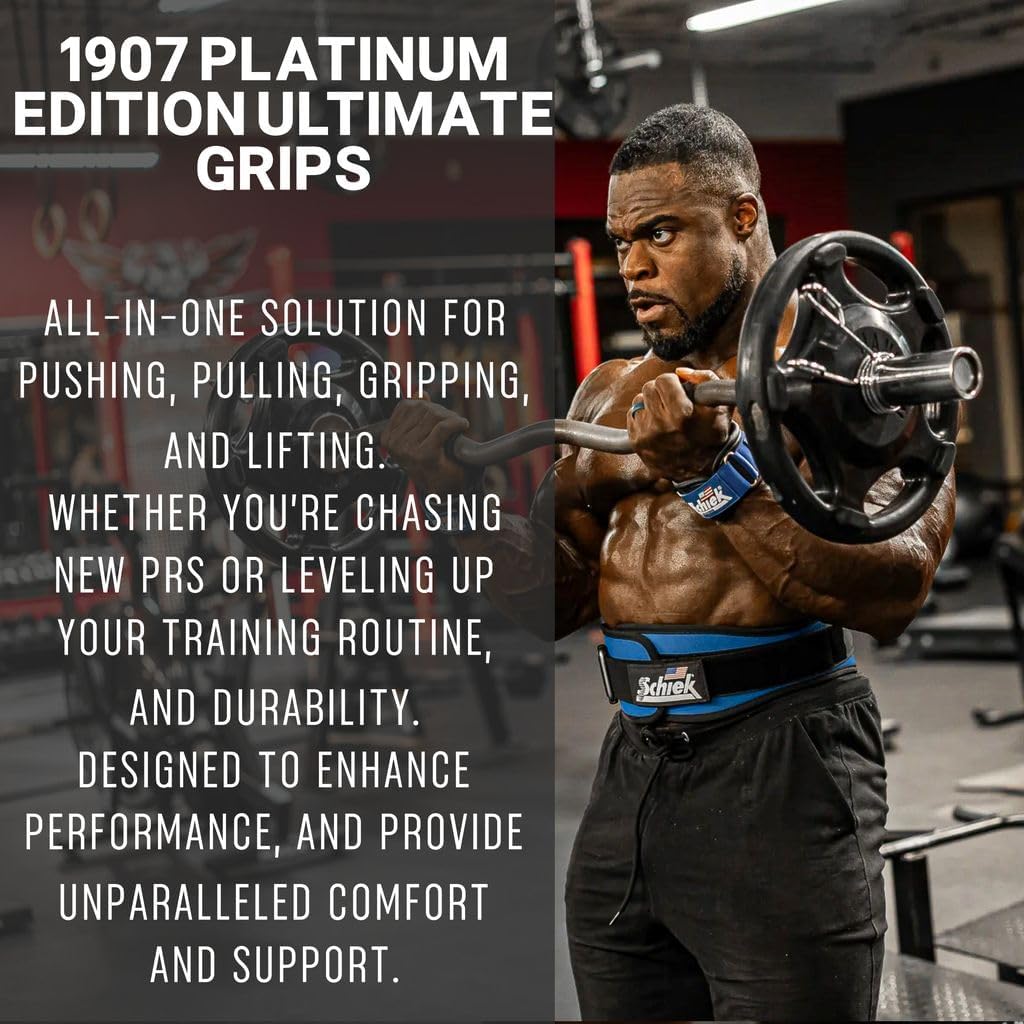 Schiek Sports Model 1907 Platinum Edition Ultimate Grips - 3 in 1 Weight Lifting Straps Wrist Wraps and Grip Pads - Secure Non Slip Control and Comfort for Strength Training