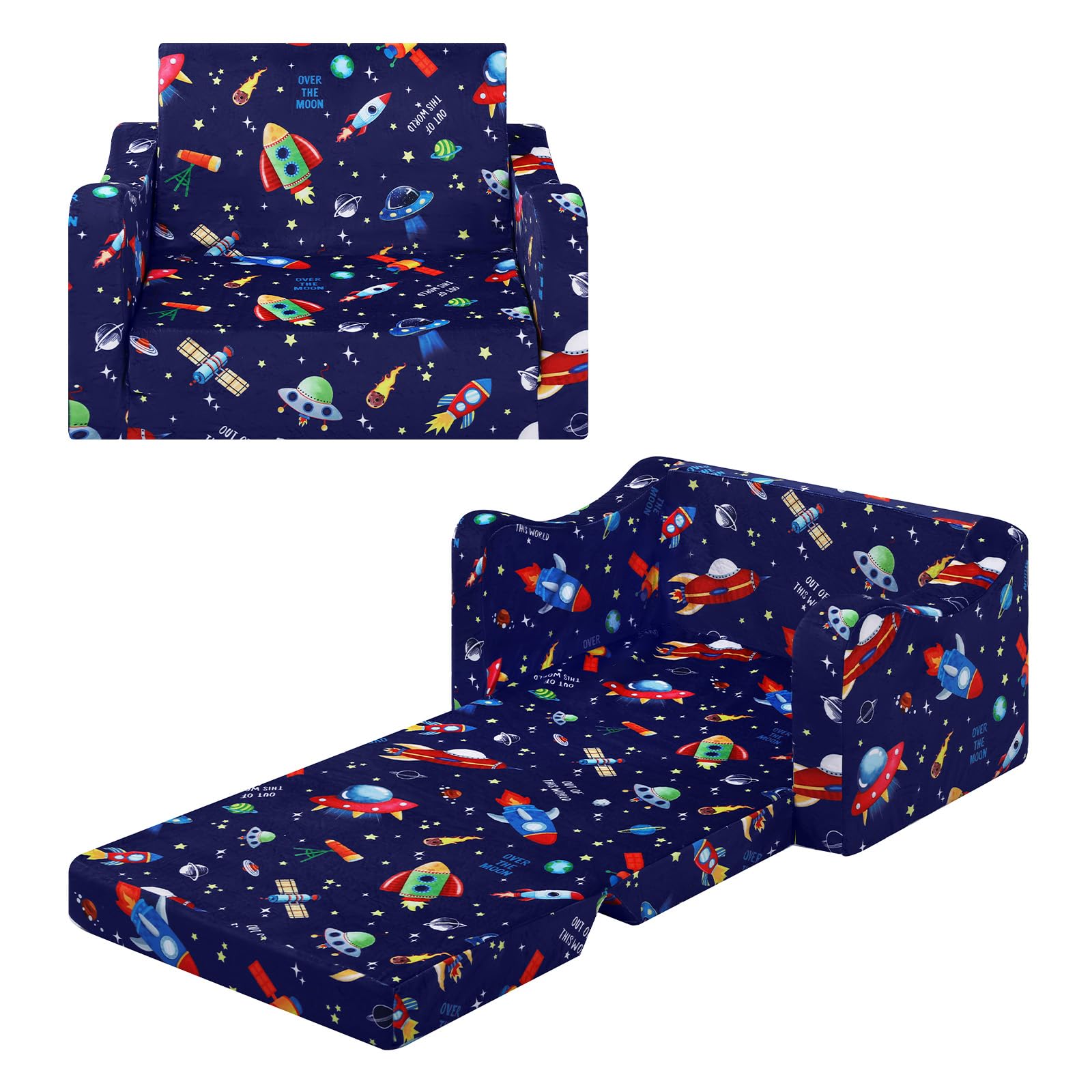 alldomess Comfy Kids Sofa Bed, 2-In-1 Foldable Children Chair Bed For Girls Boys, Convertible Sofa To Lounger Single Sofa Bed Chair For Kids Bedroom Playroom,Rockets