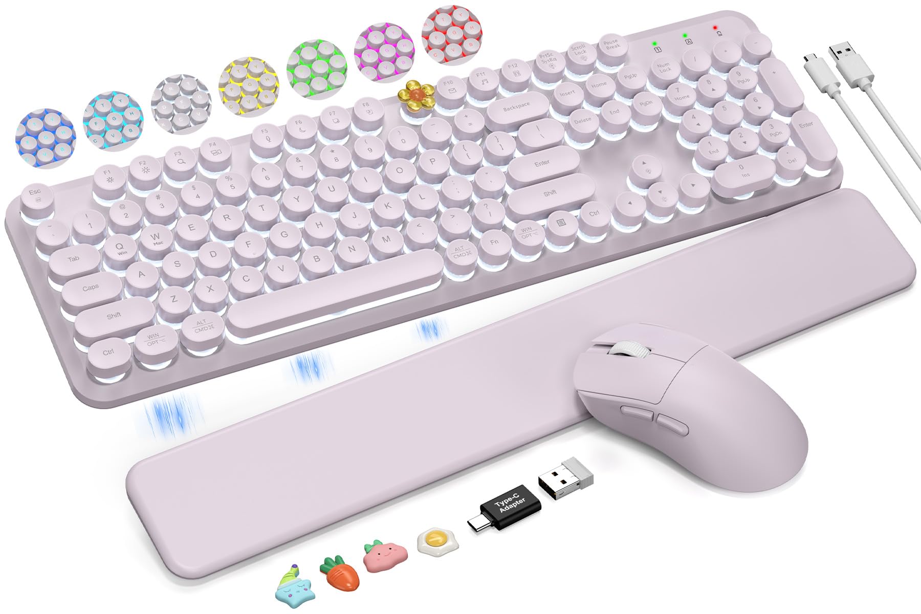 Tastiera e mouse wireless retroilluminati - Macchina da scrivere, poggiapolsi magnetico | Tasti rotondi retrò, lettere illuminate, combo cordless da 2,4 GHz per Mac, Windows, PC, laptop, Trueque CK23Pro [aggiornato]