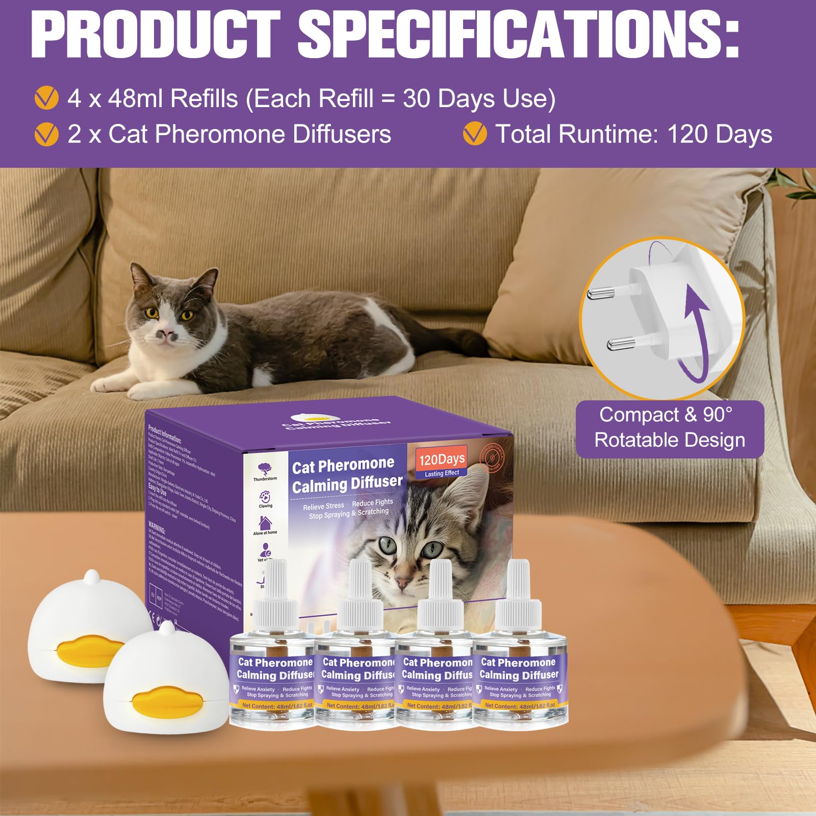 Cats & Kittens Pheromone Calming Diffuser for Cats, 48ml Refill 4 Pack + 2 Diffusers, 120 Days Long-Lasting, Relieve Anxiety, Reduce Fighting, Stop Spraying & Scratching, Safe for Pets & Humans - image 2