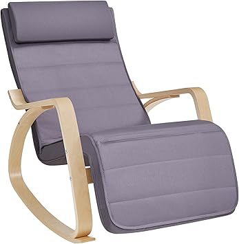 SONGMICS Silla Mecedora, con Apoyabrazos de Madera de Abedul, Silla Mecedora con Reposapiés Ajustable en 5 Posiciones, Máx. Carga de 150 kg, Dormitorio, Salón, Gris Claro y Natural LYY010G01