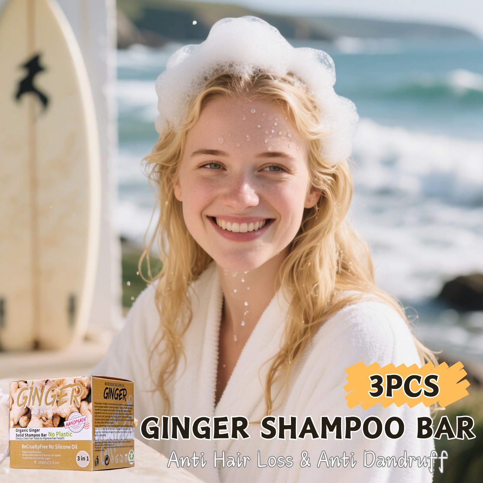 3PCS Ginger Hair Regrowth Shampoo Bar, Organic Ginger Shampoo Bar for Hair Loss Anti-Dandruff & Anti-Itch Solid Shampoo - Image 3