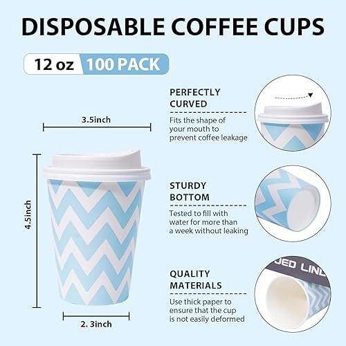 Miniatura 10 de Paquete de 100 tazas de café desechables de 12 onzas con tapas, tazas de café de papel de doble pared con aislamiento ondulado para bebidas