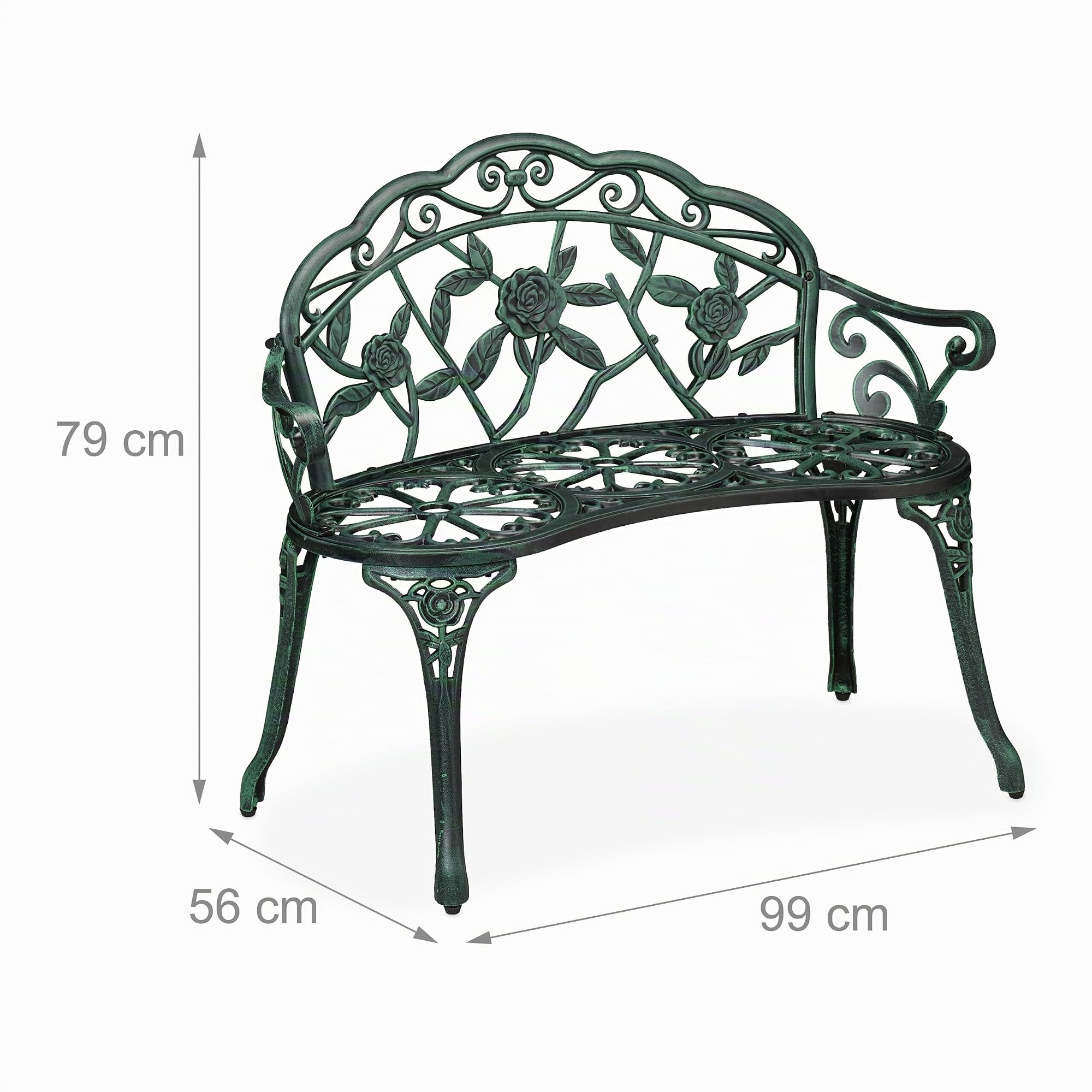 Relaxdays Banco Jardín, 2 Plazas, Terraza, Balcón, Aluminio y Hierro Fundido, 79x99x56 cm, Asiento Exterior, Negro/Verde