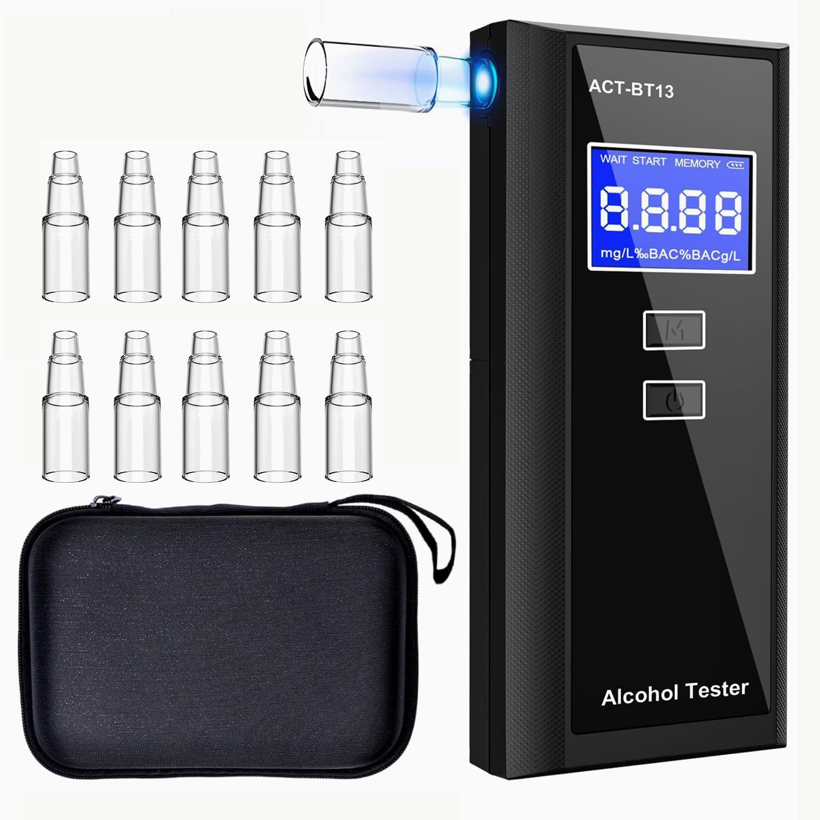 Alkoholtester mit 10 Mundstücken Tragetaschee - Präziser Tragbarer Alkotester, Digitales LCD Alkoholmessgerät, 50 Speicherplätze für Auto & Privat