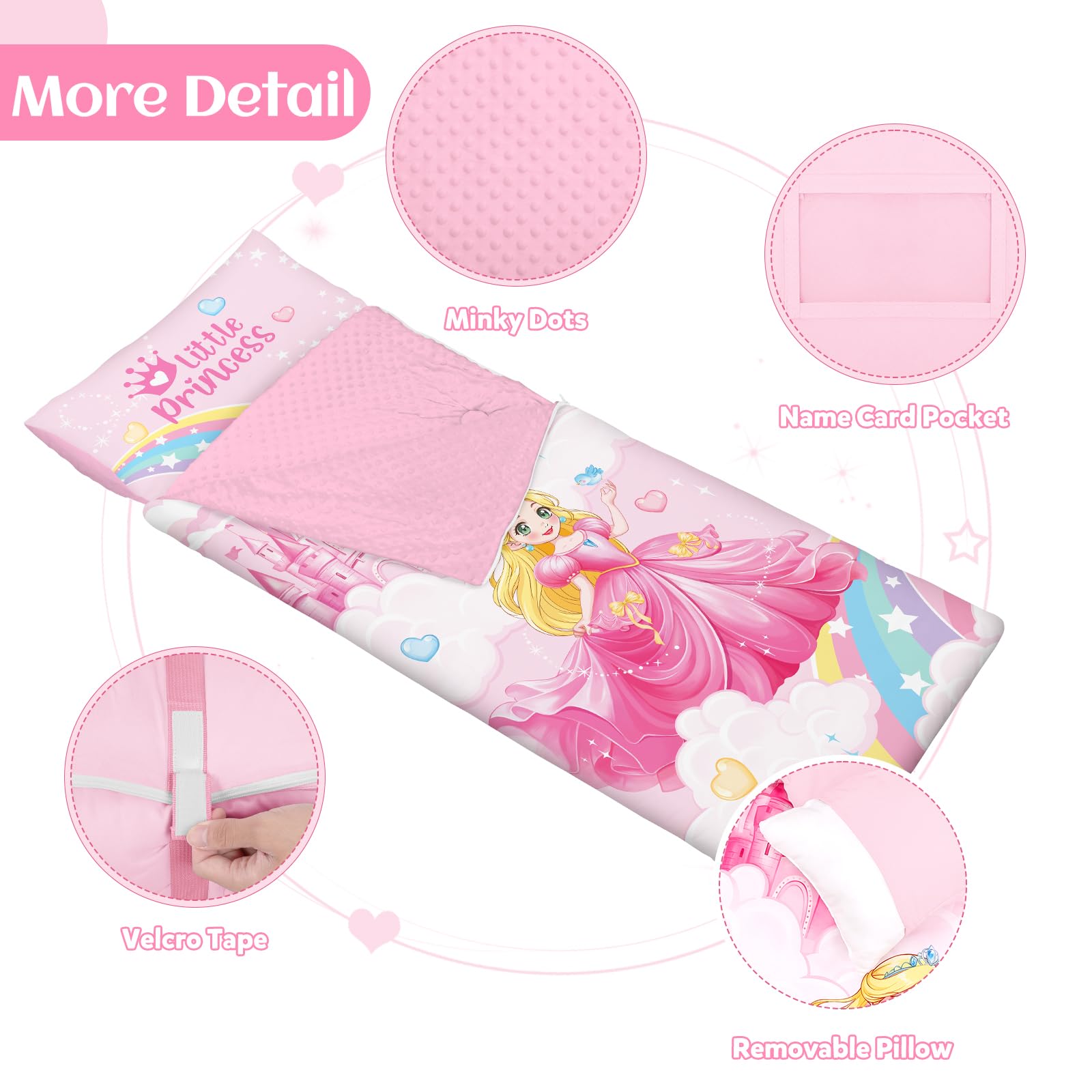 Saco de Dormir para Niños con Almohada, Tapete de Siesta para Niños y Niñas, Cálido Saco de Dormir de 150 x 60 cm, Tapete de Dormir Enrollable con Doble Cremallera