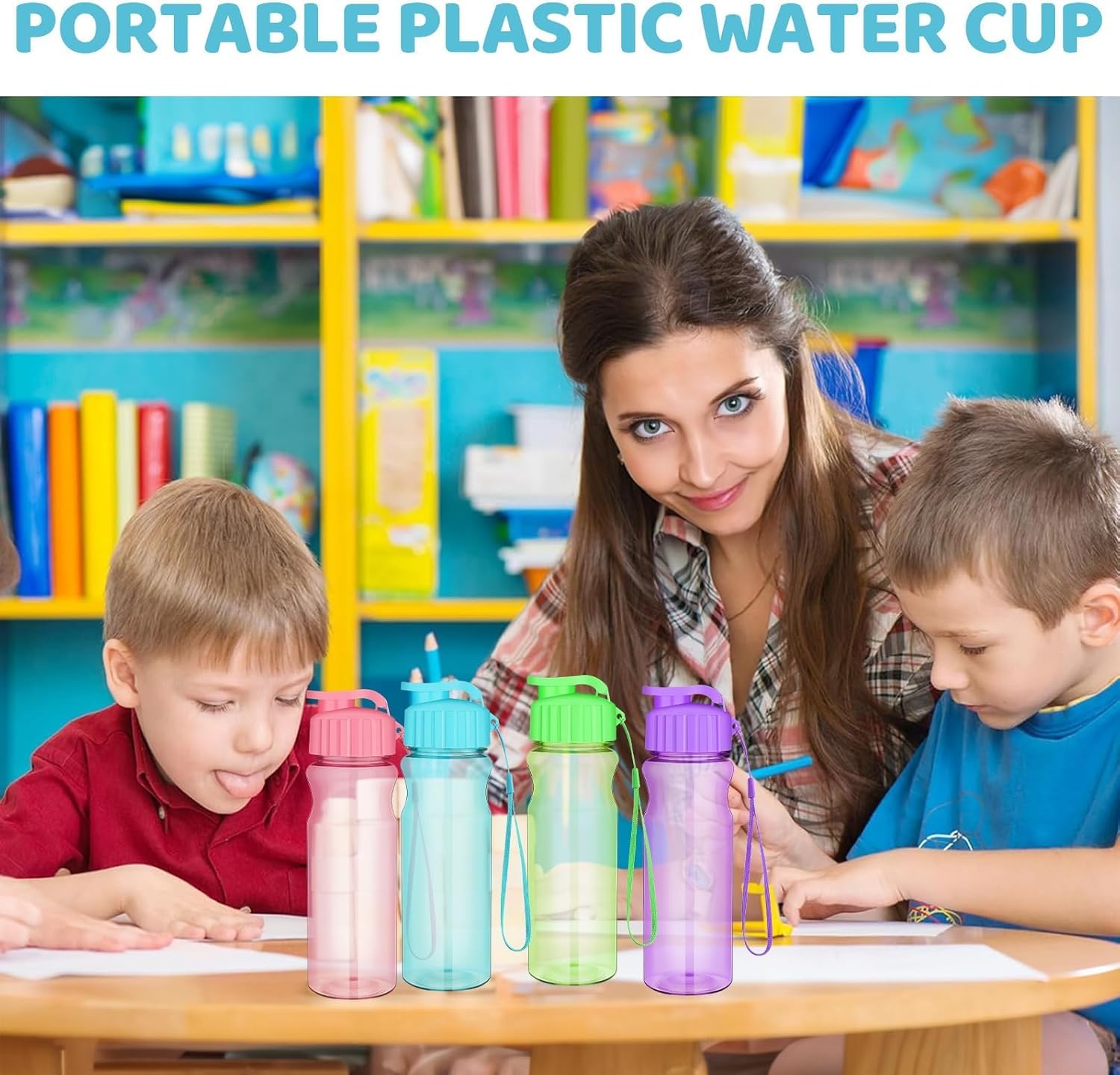 20 bottiglie d'acqua in plastica per bambini da 500 ml, bottiglie sportive riutilizzabili con tappo a patta e cintura, impermeabili e leggere, ideali per scuola, feste, all'aperto, palestra (4 colori)