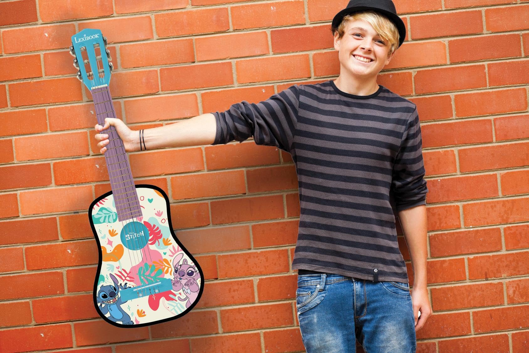 Lexibook, Disney Stitch, Moja pierwsza drewniana gitara akustyczna, 6 strun nylonowych, 78 cm (30"), przewodnik edukacyjny, zestaw picków i pasek, niebieski, K2000DLXB