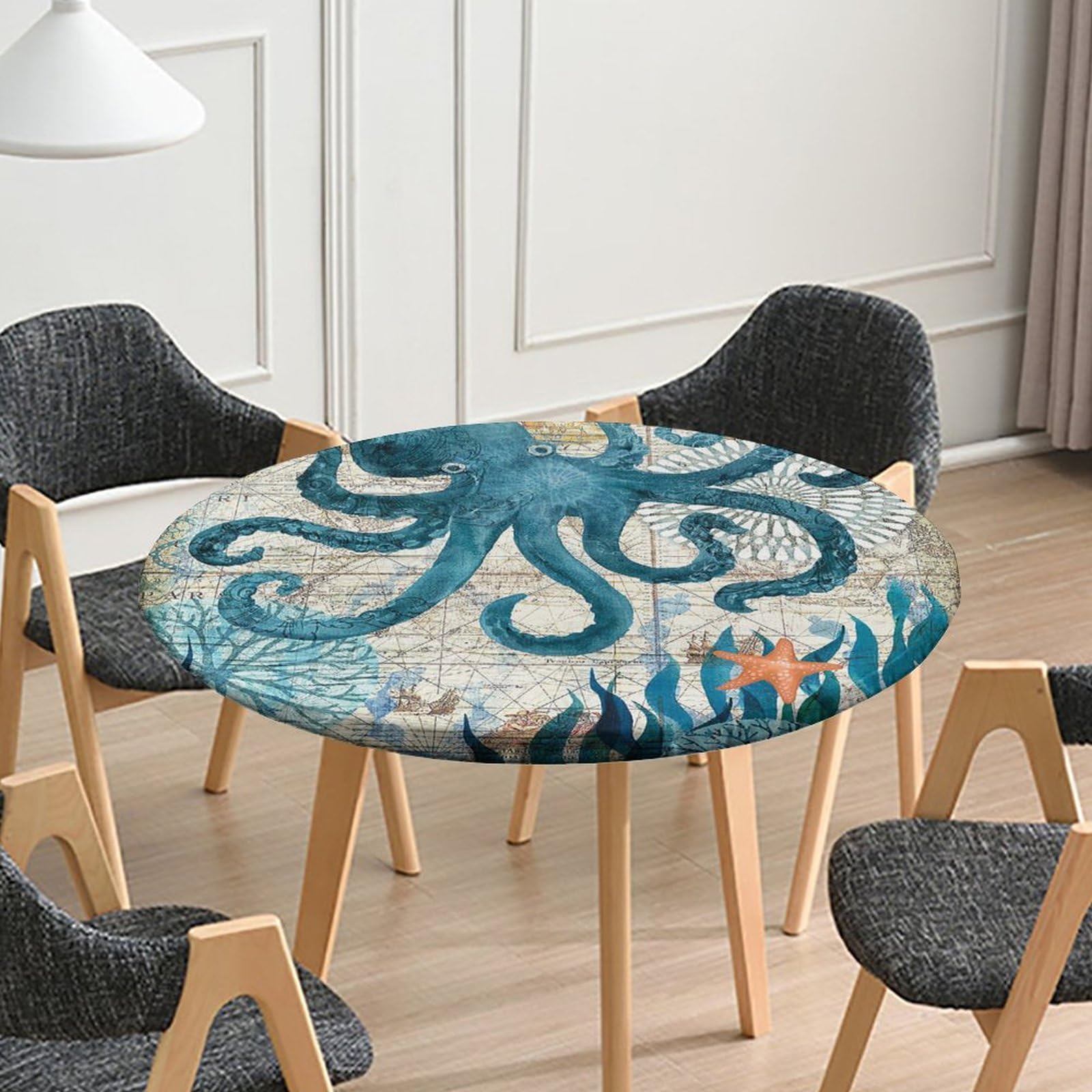 igoga sports Fitted Tablecloth Round with Elastic, Spring Edge Table Cover Pad for Outdoor Picnic Party or Indoor Kitchen Patio Dining Table Decor Fits Tables Up to 36''-40'' Diameter, Octopus-1