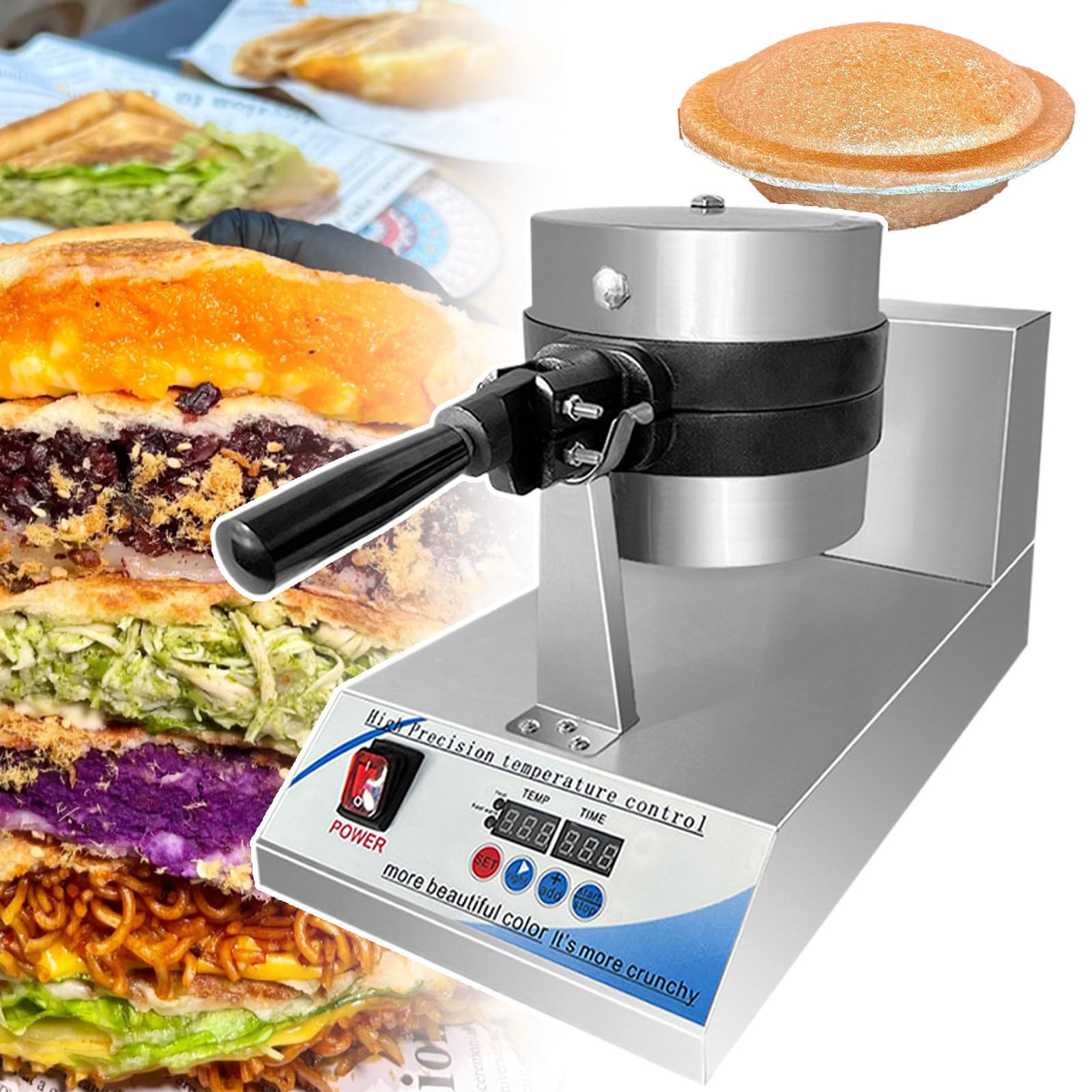 Macchina elettrica per hamburger/waffle, riscaldamento a doppia faccia, tostapane per gelato e waffle a testa singola per uso domestico e commerciale, controllo della temperatura 50-220℃/timer 0-9'5