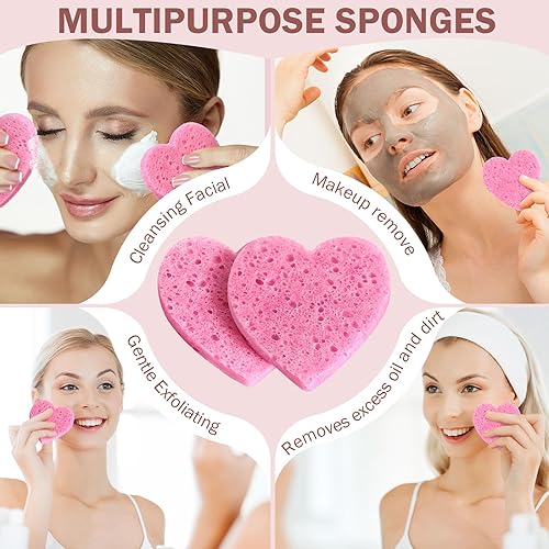 Miniatura 6 de Dandat 300 esponjas faciales comprimidas en forma de corazón, esponjas faciales para limpieza facial natural, almohadillas exfoliantes para limpieza