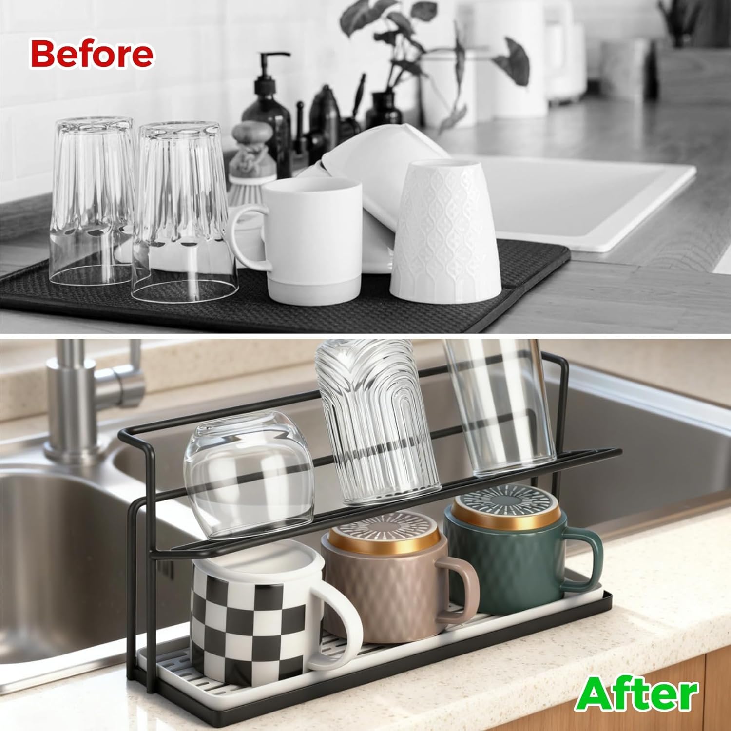 Metal Cup Holder, 2-Tier Water Bottle Drying Rack With Drain Tray & Thickened Frame, Space-Saving Kitchen Countertop Organizer For Glasses, Mugs (Black)
