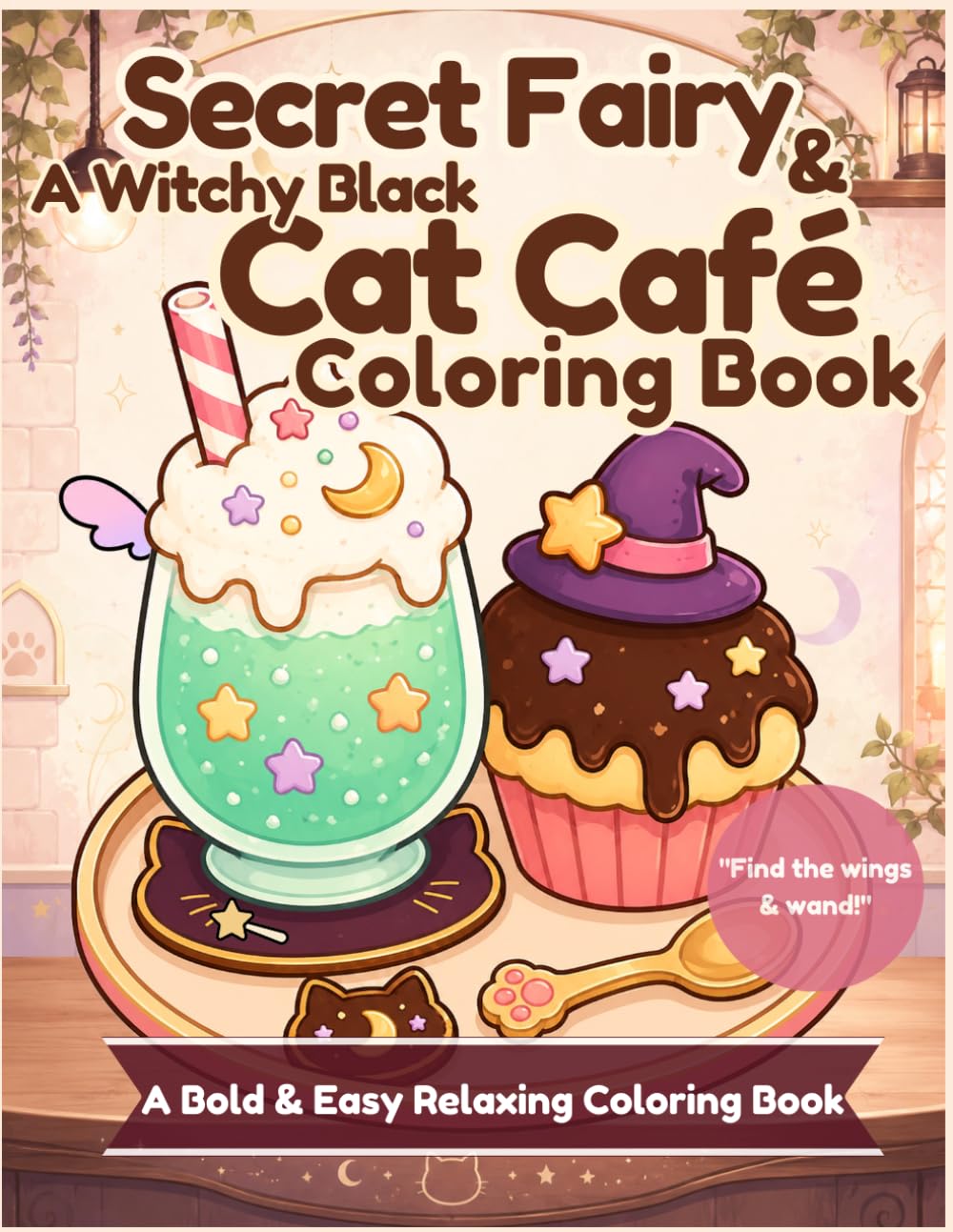 Secret Fairy & A Witchy Black Cat Café Coloring Book: A Bold & Easy Relaxing Coloring Book: Simple Designs for Stress Relief, Cozy Witchy Cafe Treats and Hidden Magic Items