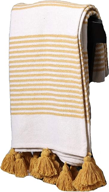 Amazon Brand - UMI Plaid Stripe Ochre Handwoven 100% Pure Cotton Throw 50 x 58 Inches, Blanket with Handknotted Tassels, Durable and Quality product, Easy-Care, Yellow & Ivory