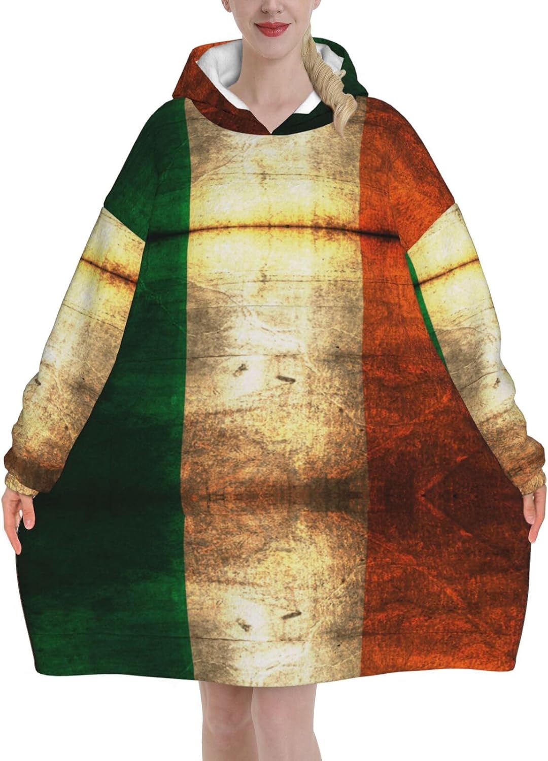 MUSM Irish Flag Print Blanket Hoodie Fleece Sweatshirt Blanket With Sleeves And Pockets