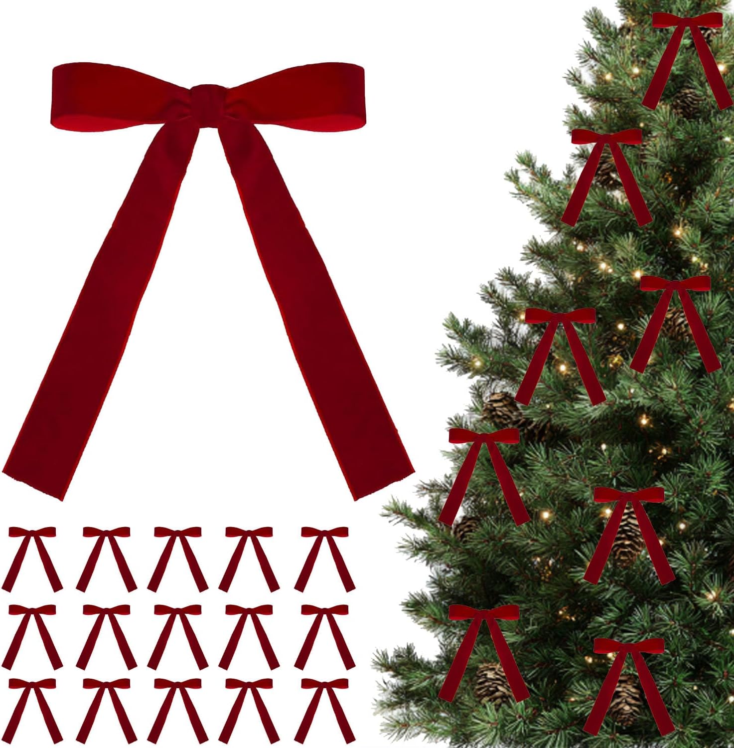 24PCS Red Velvet Bows for Christmas Tree, Christmas Red Velvet Bows Ornaments, for Tree Home Party Garland Holiday Decor (A)