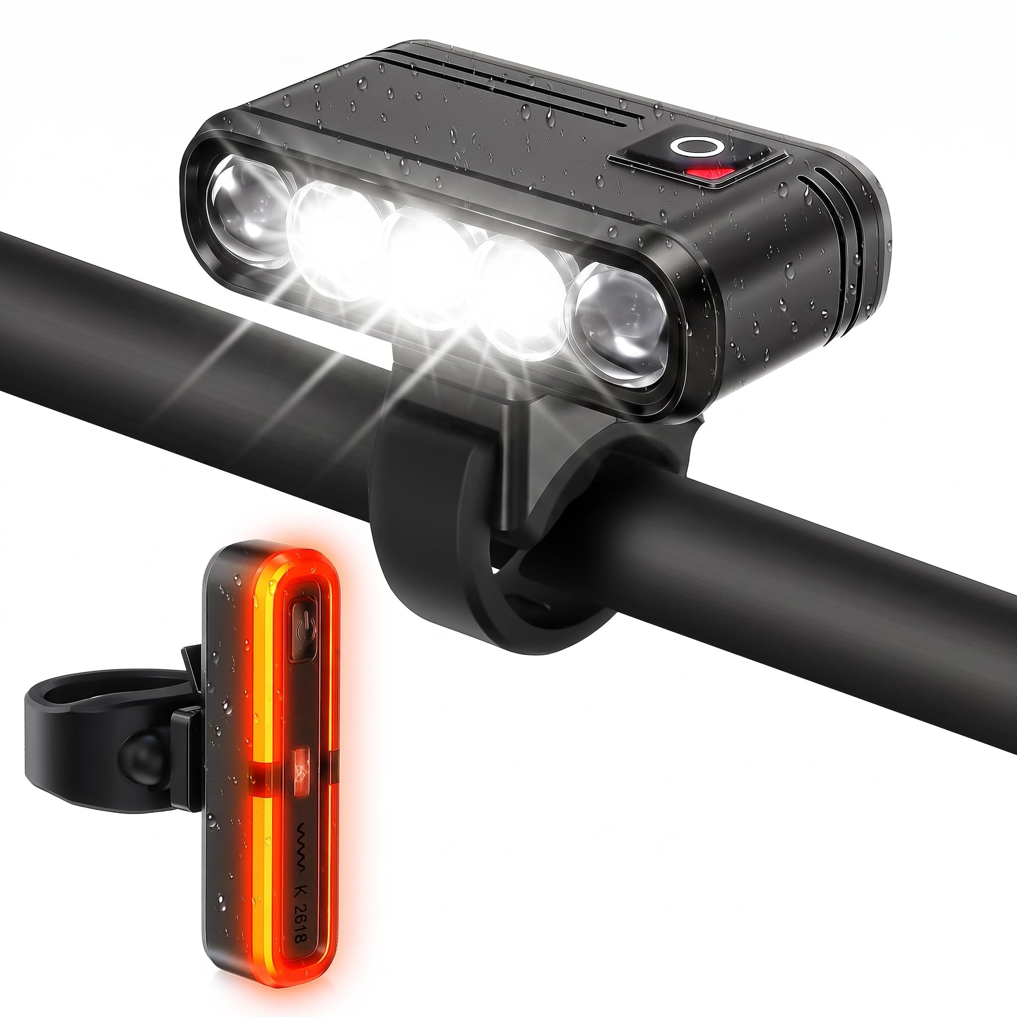 Juego de luces para bicicleta con soporte para GoPro/ordenador de bicicleta, homologación StVZO, USB-C, recargable, antirreflejos, 3 LED faros y luz trasera con luz de freno, IP65 resistente al agua