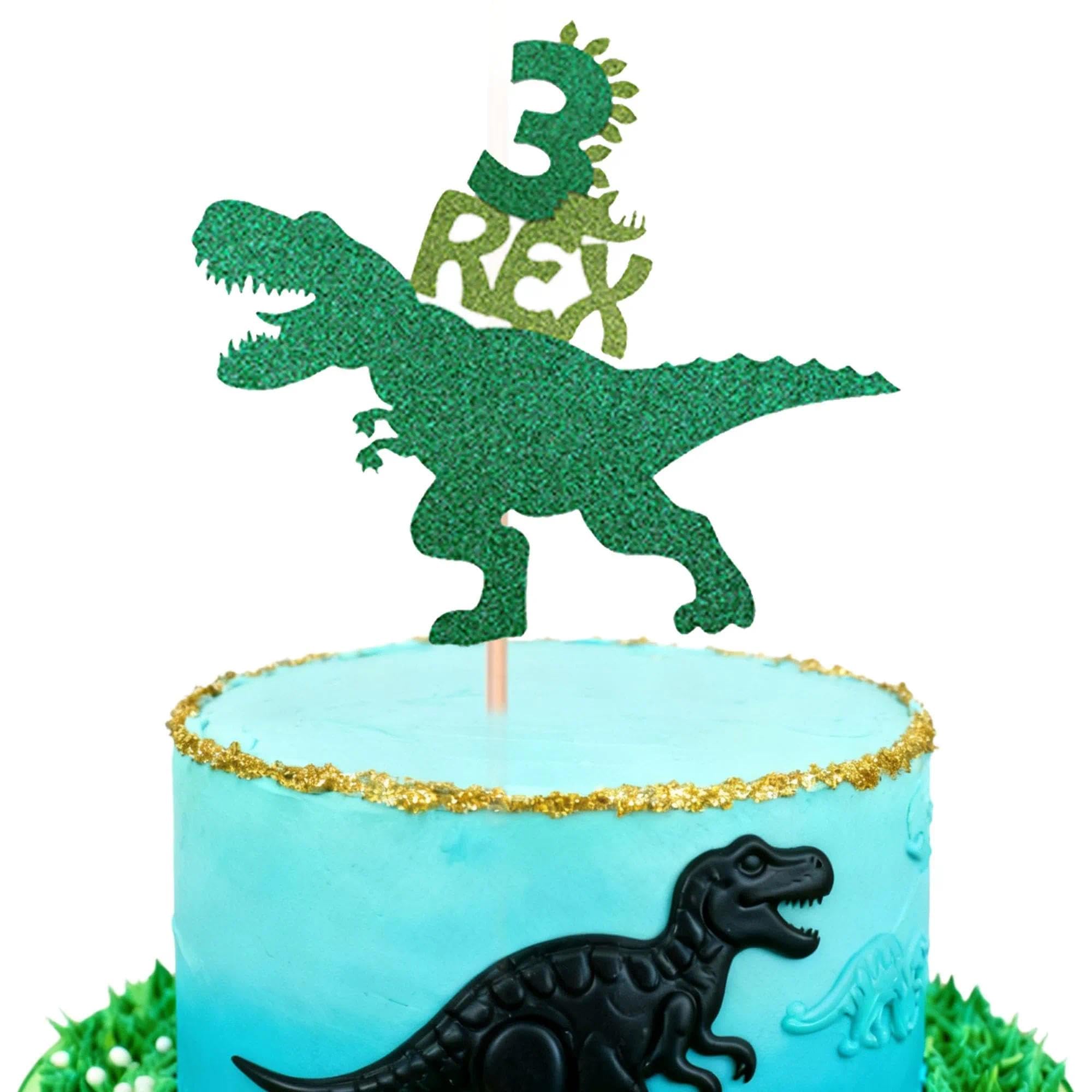 Dinosaur 3 Rex Happy Birthday Cake Topper Green Glitter T-Rex 3rd Birthday Cake Toppers - for Baby Showers Dinosaur Theme Parties Cake Decorations
