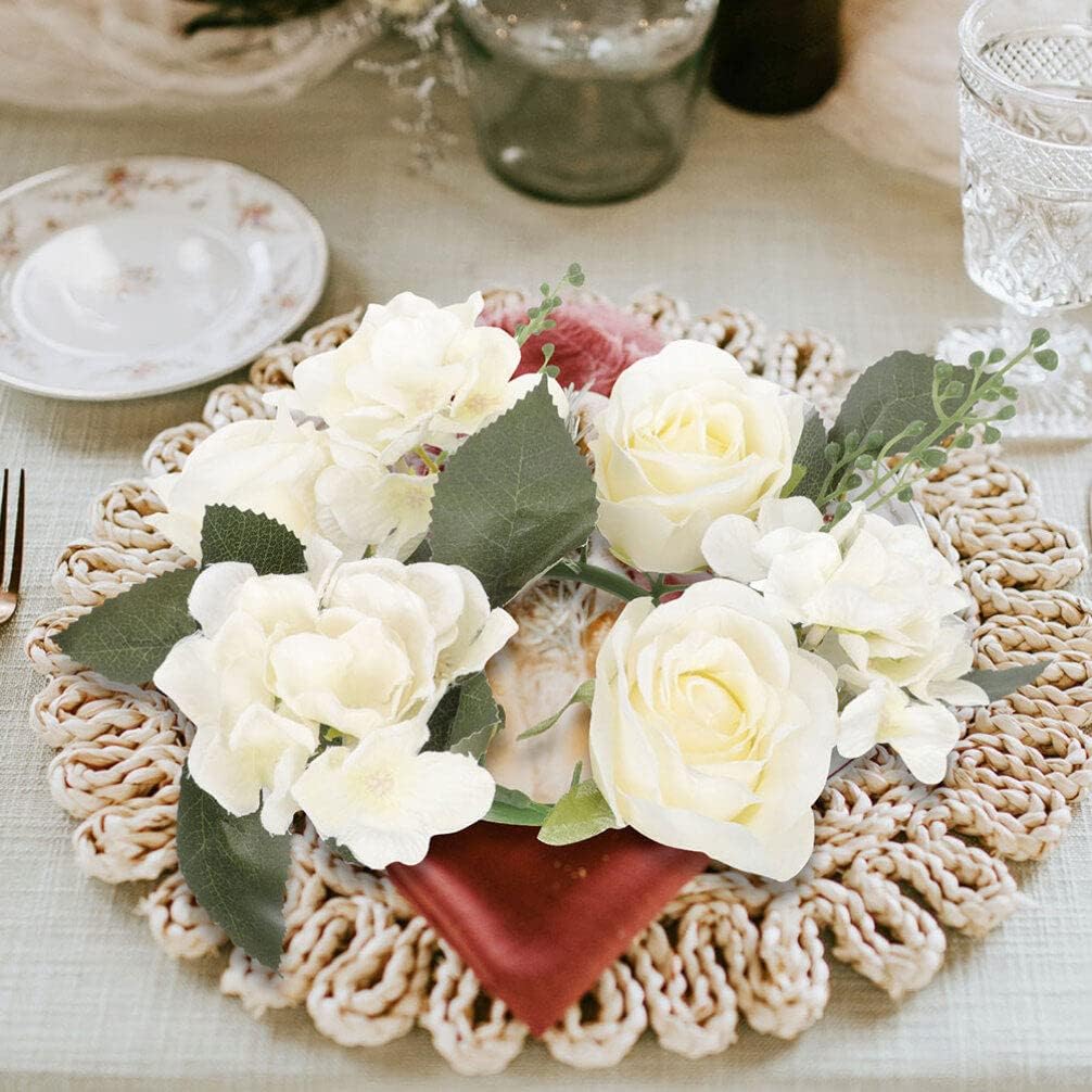 BESPORTBLE Floral Candle Rings Wreaths Artificial Rose Candle Wreath for Pillars Tapers Spring, 3Inch/20CM, 3 Pieces