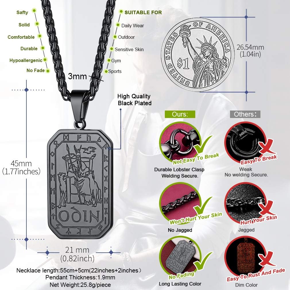 FaithHeart Personalized Custom Black Mens Odin Pendant Necklace Stainless Steel Norse Viking Odin Jewelry for Male Nordic Mythology Charms Accessories Vikings Necklaces Black