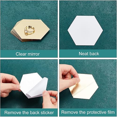 Miniatura 4 de OLYCRAFT 24 calcomanías de pared de espejo hexagonal, removibles, autoadhesivas, azulejos acrílicos, azulejos dorados, para manualidades, decoración