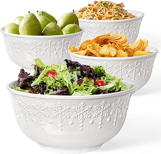 Large Salad Bowls Set of 4, 60oz White Serving Bowls Deep Deep Embossed Ceramic Mixing Bowl for Soup Kitchen, Eating, Ramen, Pasta, Dishwasher & Microwave Safe 8 inch (Snowflake)