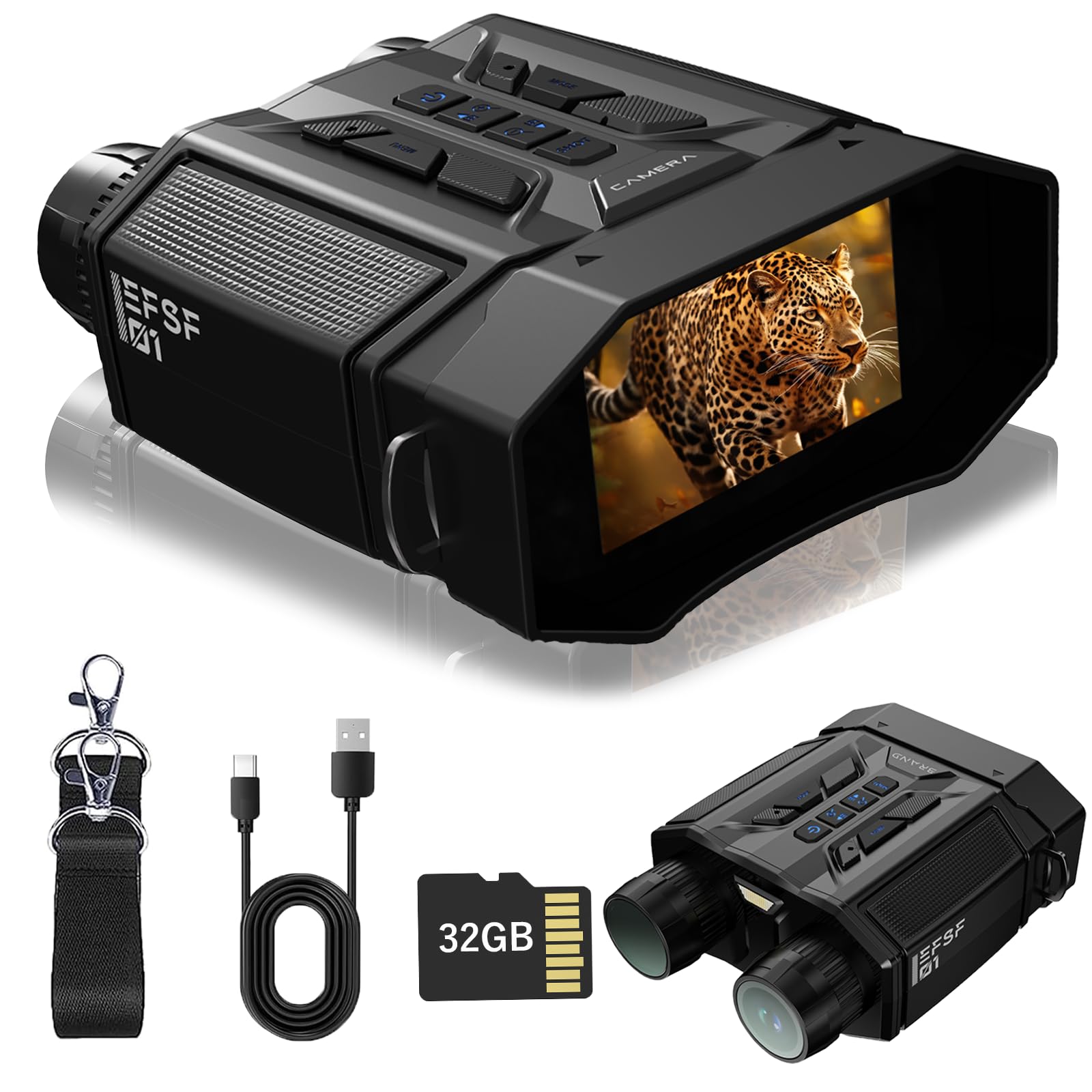 Lunettes de vision nocturne, zoom 8x, IR 7 niveaux, batterie rechargeable de 4000 mAh, écran HD de 3", carte blanche de 32 Go pour enregistrer des photos et des vidéos, 330 m pour la chasse, le