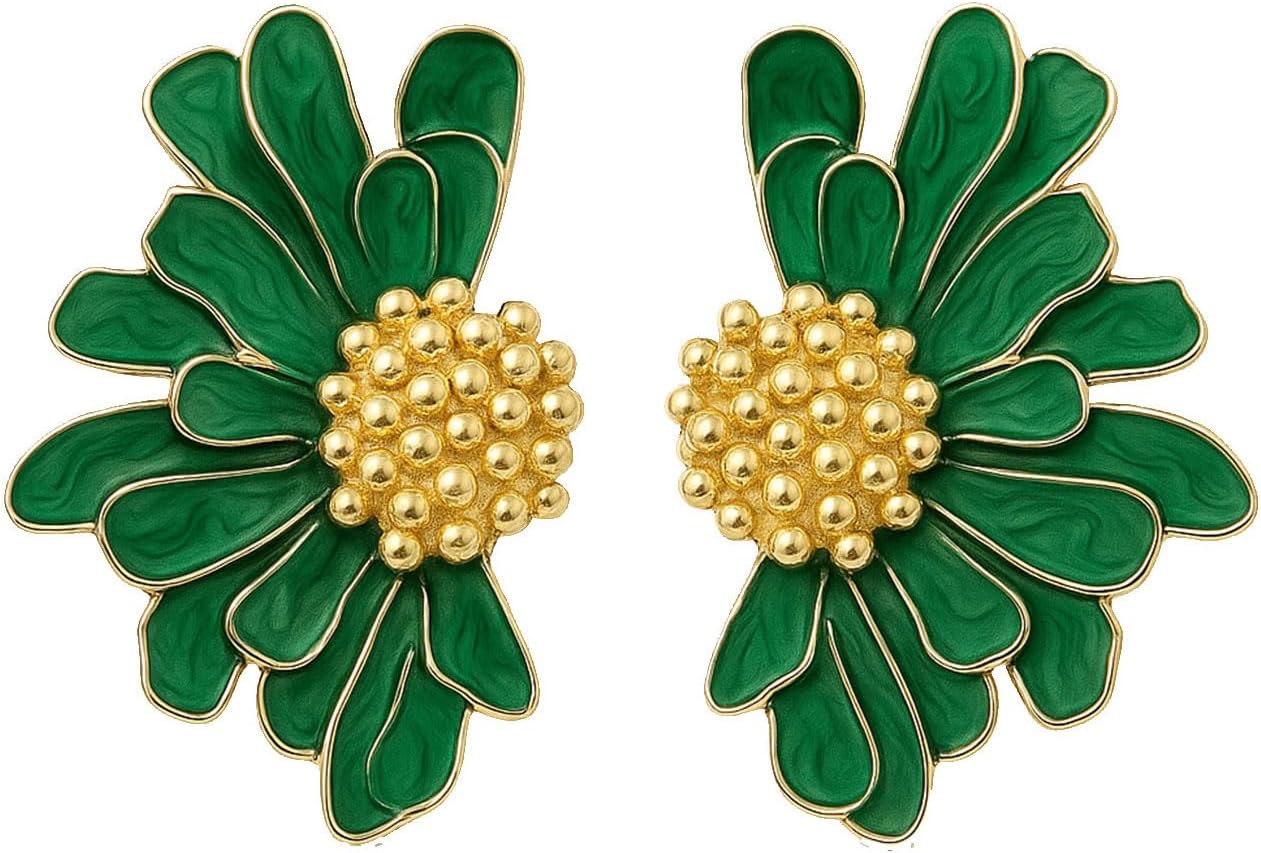Green Flower Petal Stud Earrings for Women Boho Vintage Enamel Earrings Jewelry
