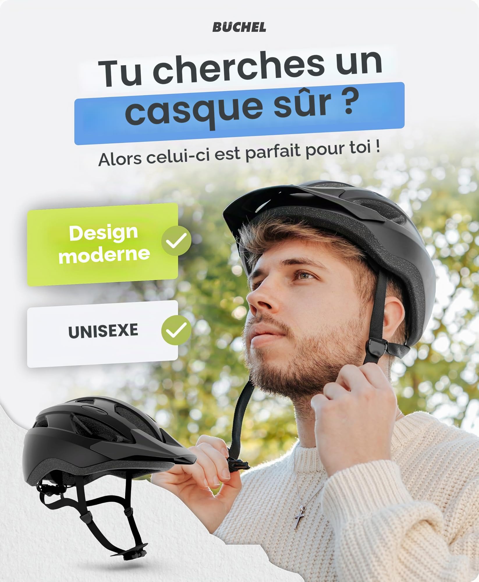 BÜCHEL Casque Velo Homme, Femme, Enfants - Casque Velo avec Technologie in-Mould & Cam Lock - Rembourrage au Menton et Filet Anti-Mouches Lavable - Casque VTT 52 à 57 cm et 58 à 61 cm