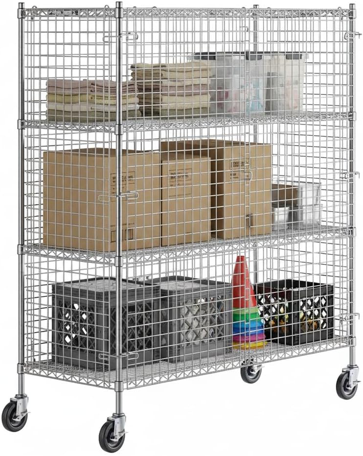 24" x 60" x 70" NSF Mobile Chrome Wire Security Cage Kit with 4 Shelves, Lockable Rolling Storage Unit for Wine, Liquor, Beer & Warehouse Use, Heavy Duty Commercial Steel Storage Rack with Casters
