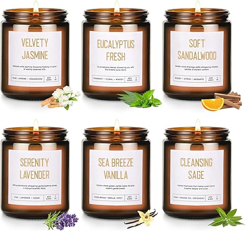 Juego de 6 velas perfumadas de soja para mujer, paquete de 6 velas de 42 onzas, 300 horas para el hogar, aroma a lavanda, vainilla, eucalipto,