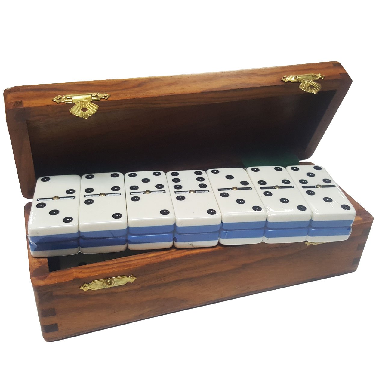 Marion Domino Double Six Two Tone Blue & White Jumbo Tournament Professional Size with Spinners in Dovetail Sheesham Wood Box.