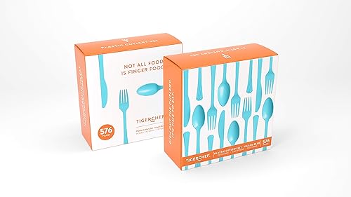 Vista 79 de Tiger Chef - Cubertería de plástico de color resistente, incluye tenedores, cucharas para el té y cuchillos, Transparente Claro
