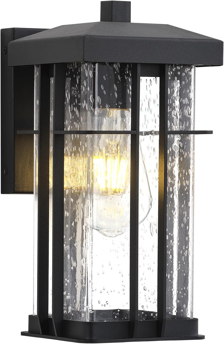 11.7 Inch High Outdoor Wall Light Fixtures, Exterior Porch Wall Lantern Sconce with Seeded Glass, Matte Black Modern Outside Lights for House, Garage, Patio, Entryway, Front Door