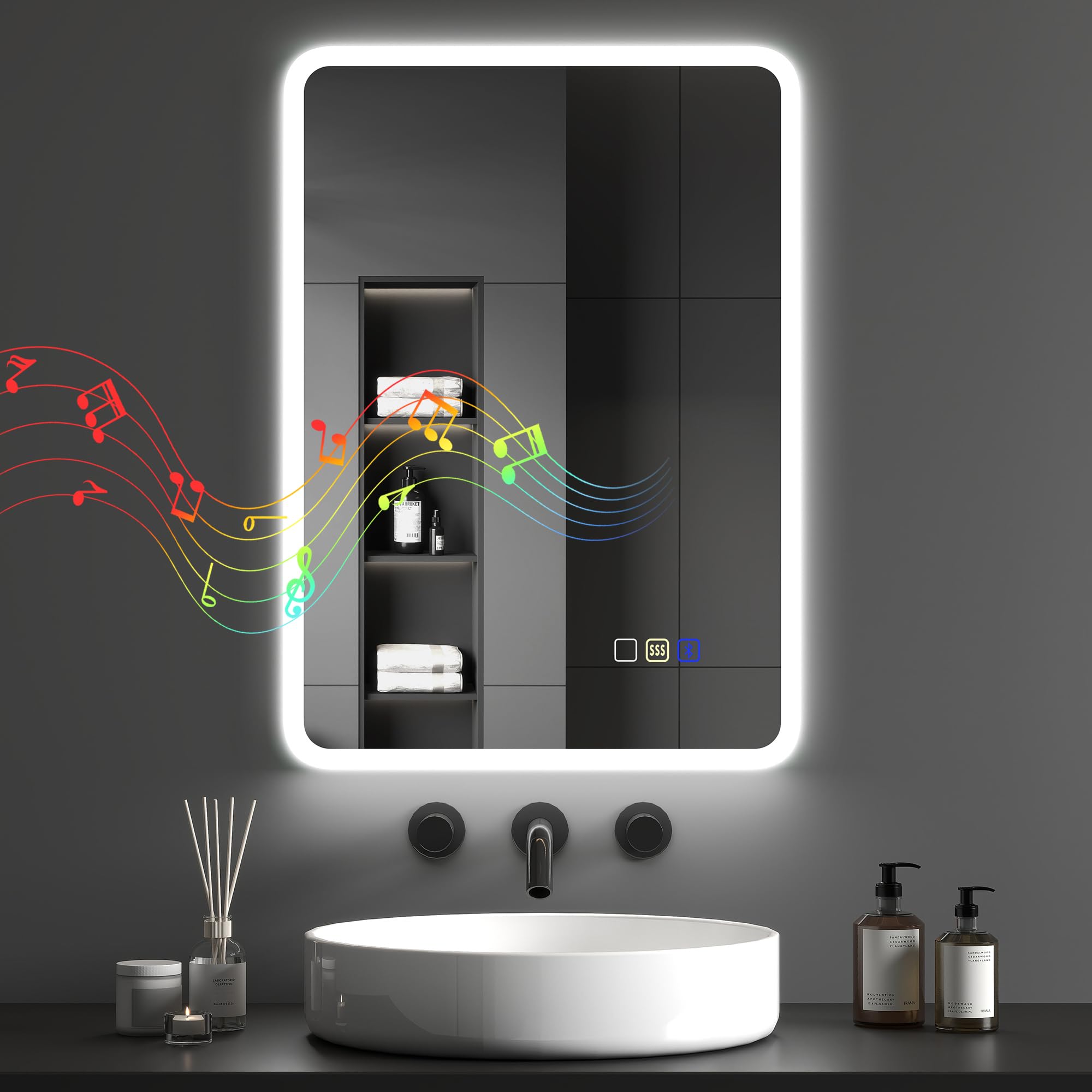 HOMCOM 500 x 700 mm Backlit Illuminated Bathroom Mirror with LED Lights and Bluetooth, Wall Mounted Vanity Mirror with 3 Colours Dimmable, Anti-Fog, Memory Function, Touch Switch, IP44