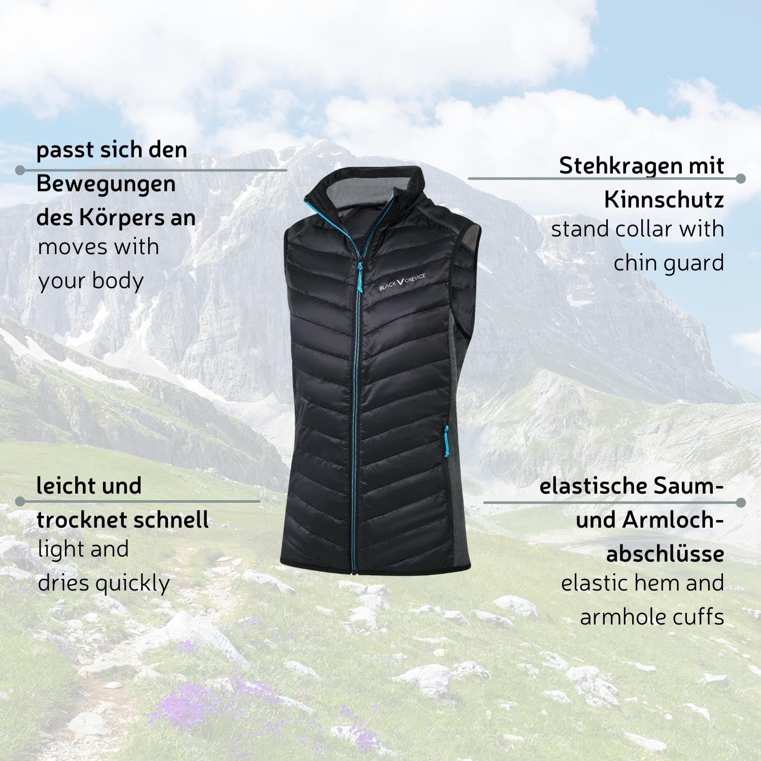 Black Crevice Gilet hybride femme I Gilet de sport femme en différentes couleurs & tailles I Gilet outdoor femme I Gilet isolant et respirant femme avec col montant I Gilet sans manches