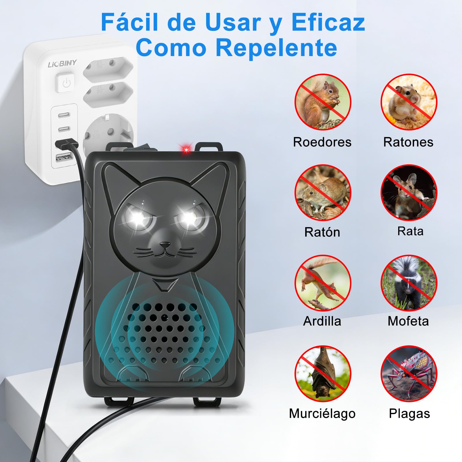 Ultrasónico Ahuyentador de Ratas para Coche con Flash, 3 Modos de Carga, Ahuyentador de Martas para Coche para Aticos, Hogar, Jardín y Automóviles