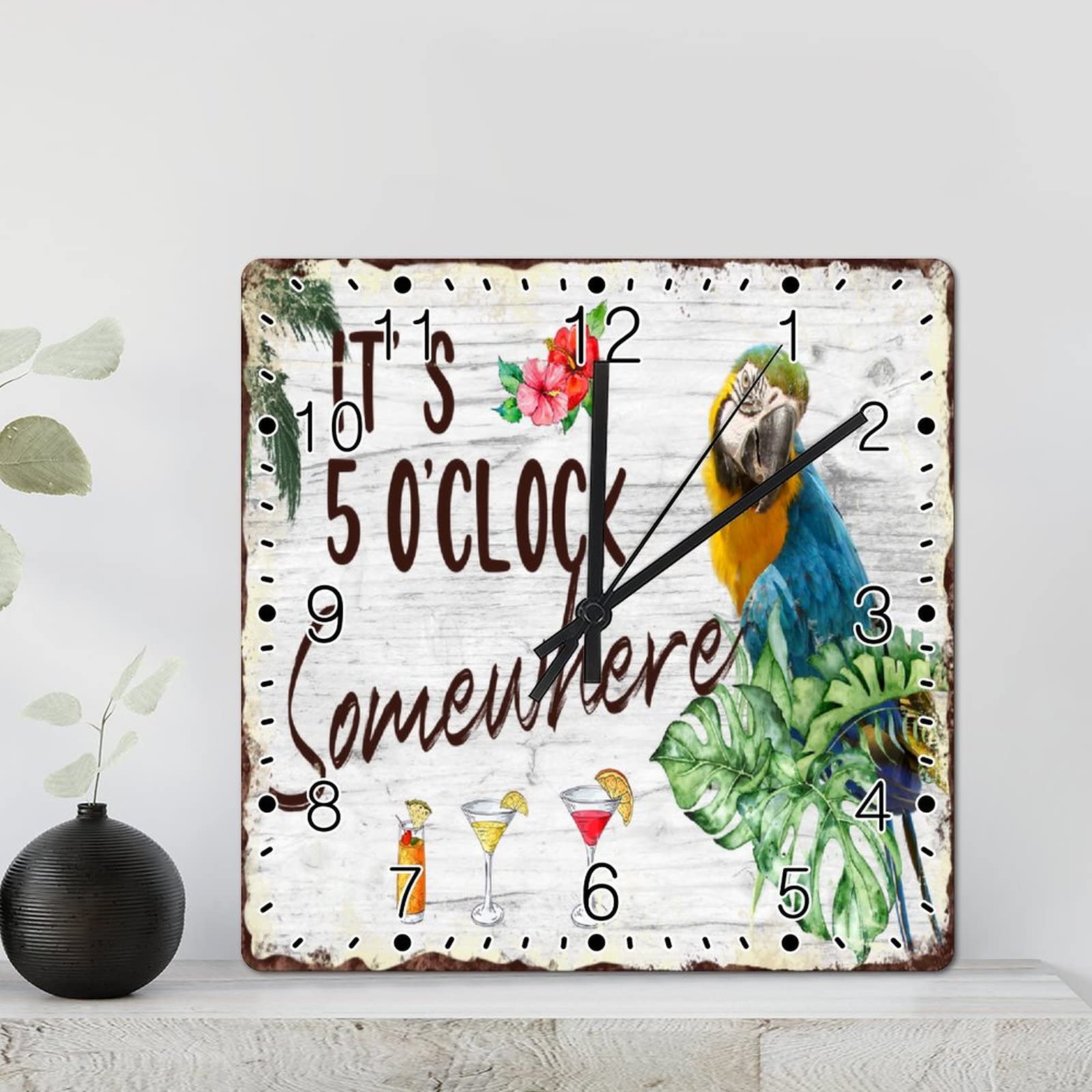 Horloge murale en bois carrée 30,5 cm motif perroquet à piles pour salon