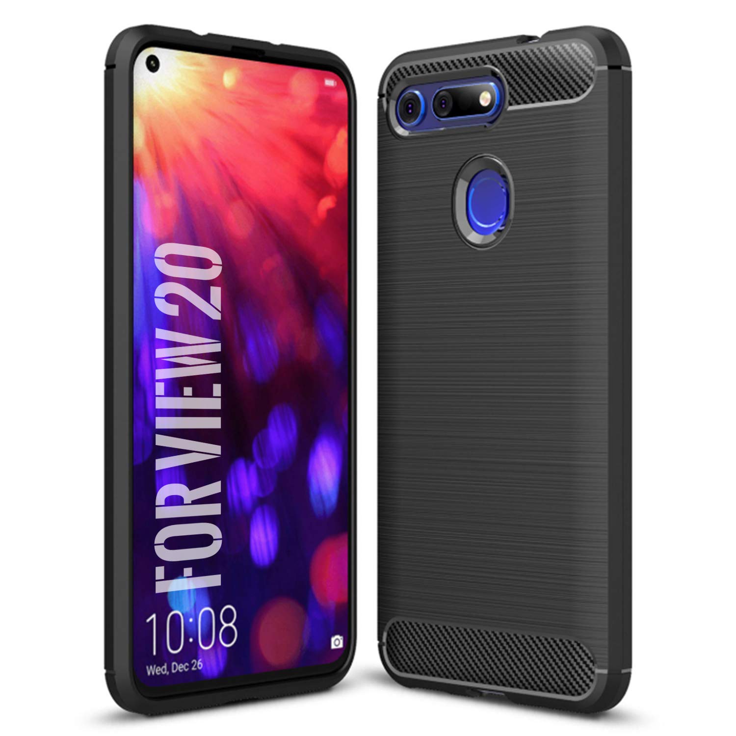 SCL Cover for Honor View 20, Brushed Carbon Fibre Effect, Anti-Fingerprint, Wear-Resistant, Scratch-Resistant, Anti-Collision Bumper, Black