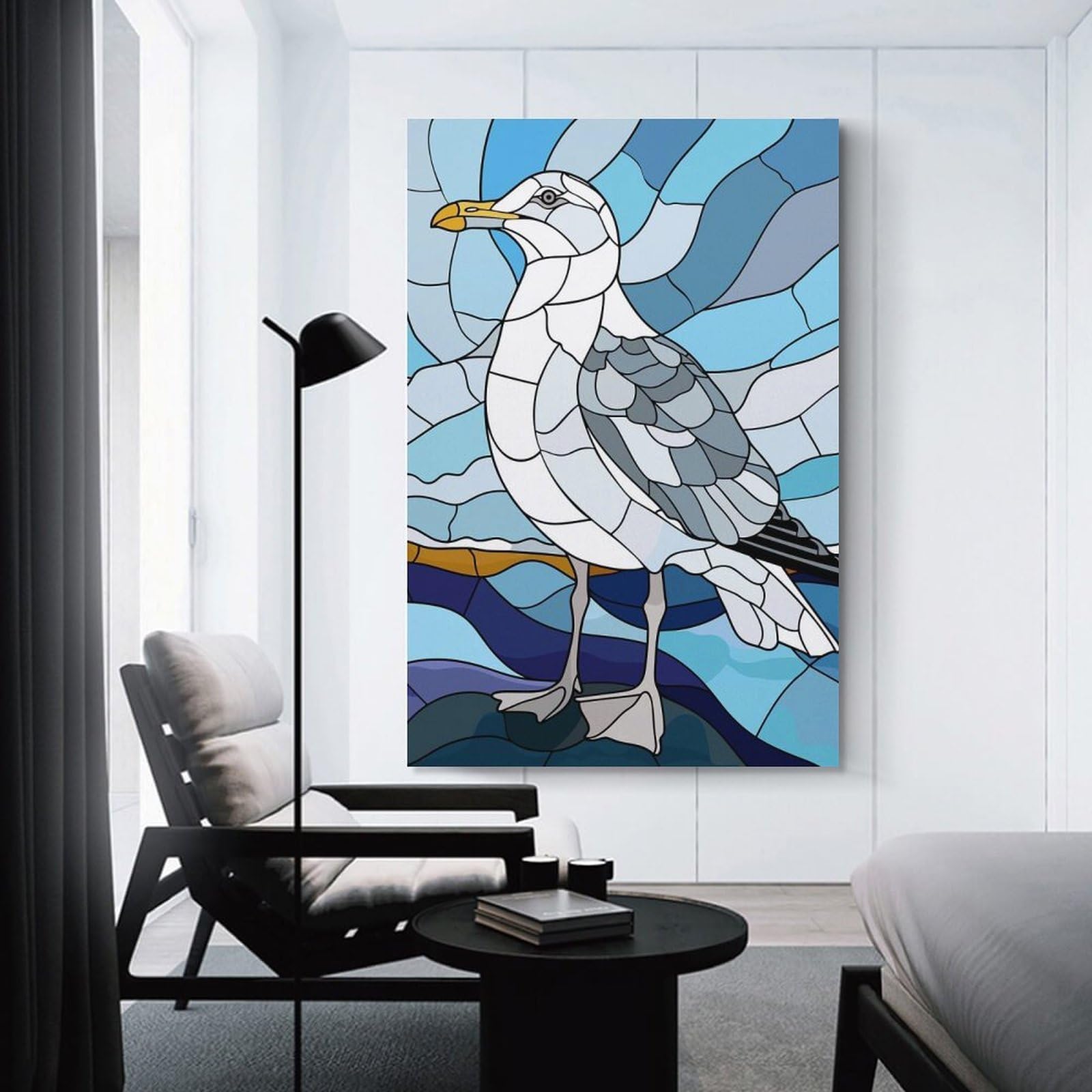 Junmoney Unframe-Style-19-1 Stained Glass Seagull By The Sea Decorative Wall Artwork 20X30inch(50X75cm), For New Homes, Bedrooms Or Workspaces, A Wall Art Gift For Fresh Interiors